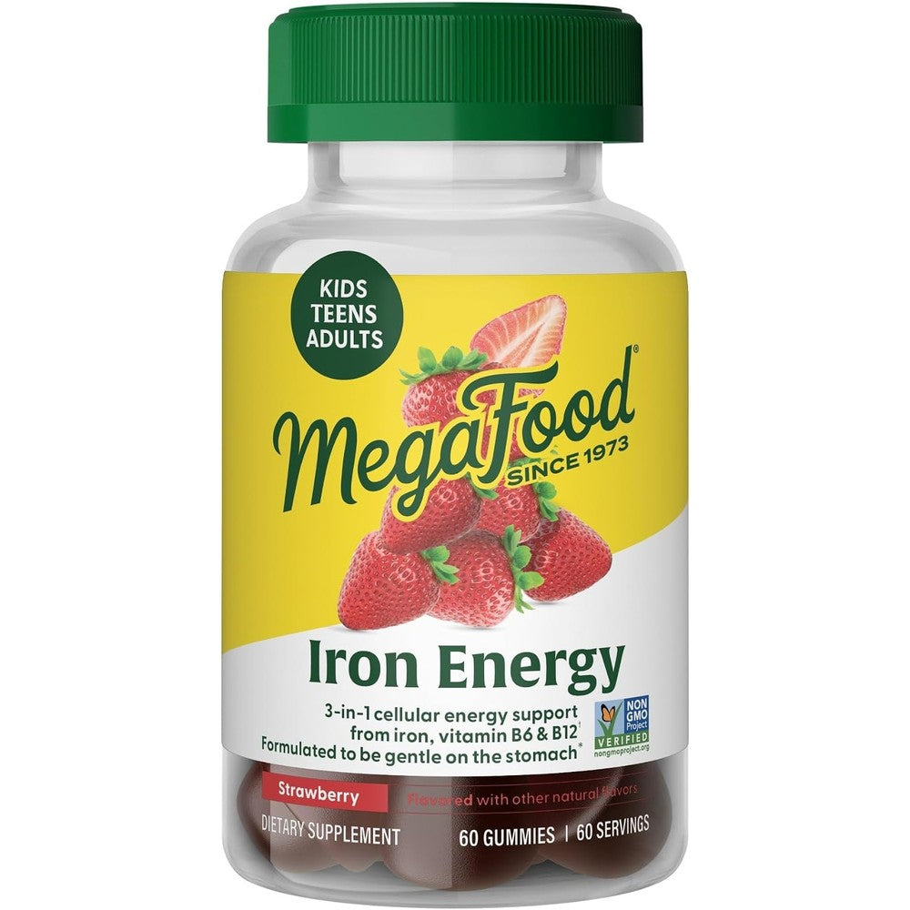 MegaFood Iron Energy Gummies Vegan Strawberry 60 Gummies Gentle Iron Bisglycinate Supplement With Vitamin B12 And Vitamin B6