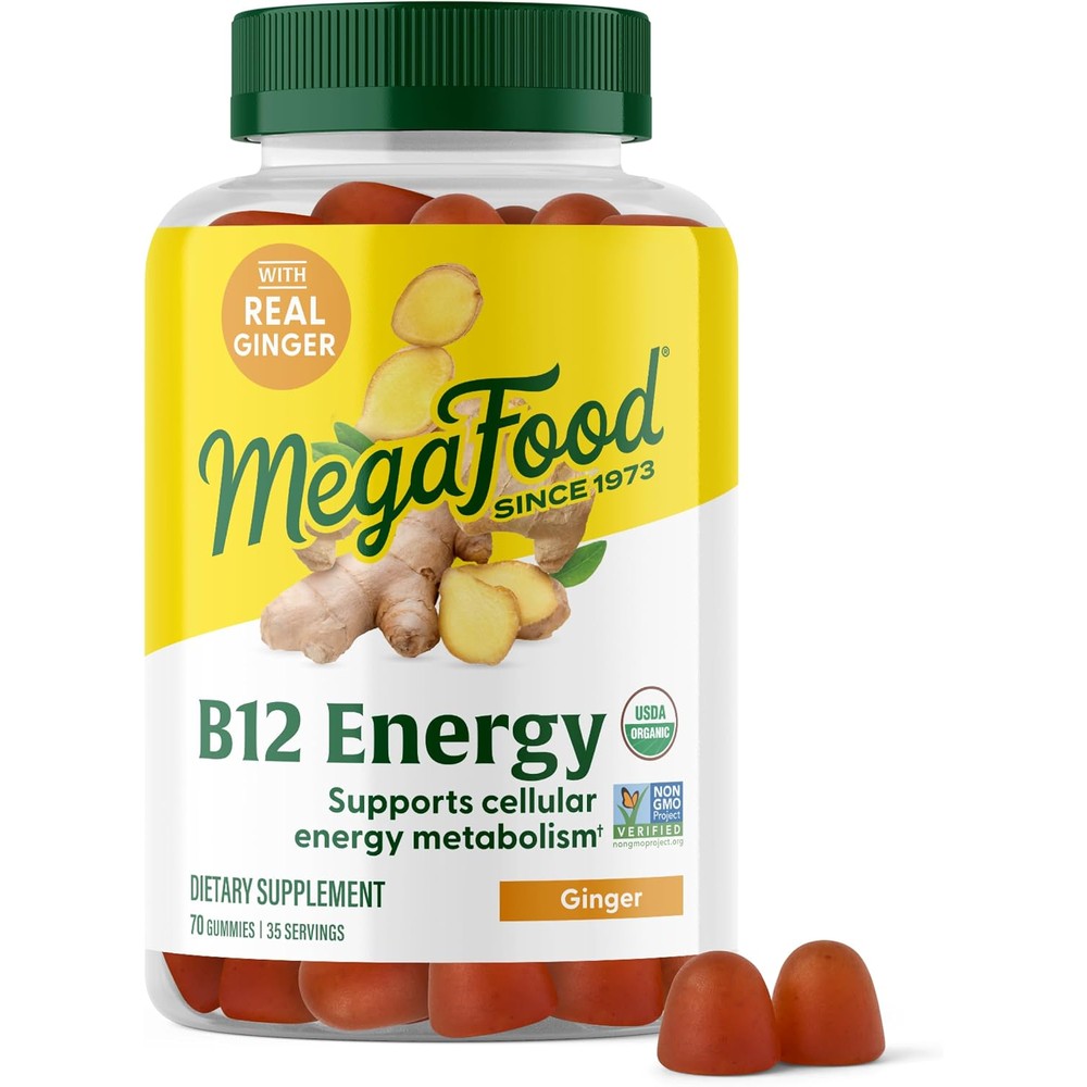 MegaFood Vitamin B12 Energy Gummies USDA Organic Ginger Flavor 70 Gummies For Cellular Energy Support