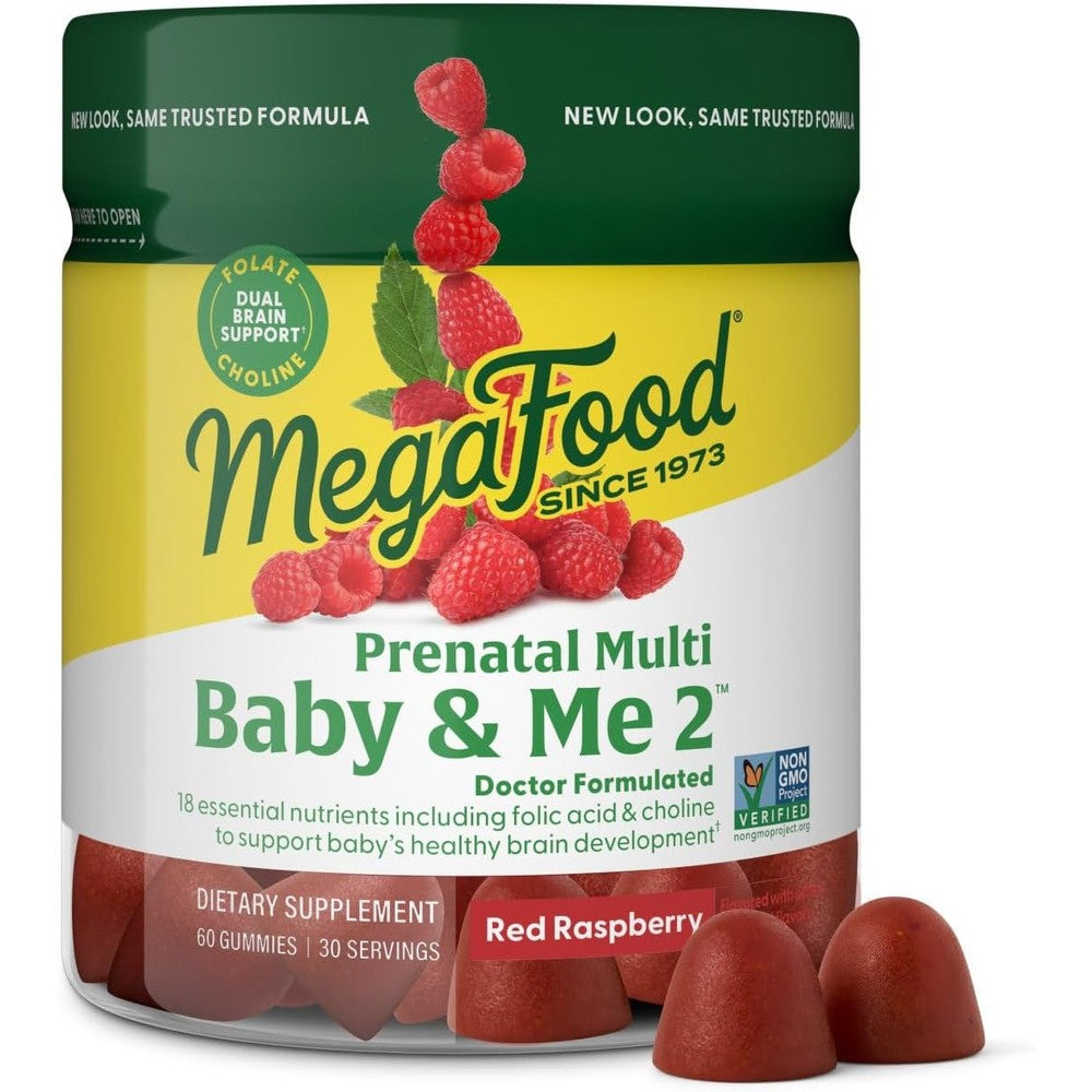 MegaFood Baby And Me 2 Prenatal Multi Gummies Red Raspberry Flavor 60 Count Vegetarian Supplement