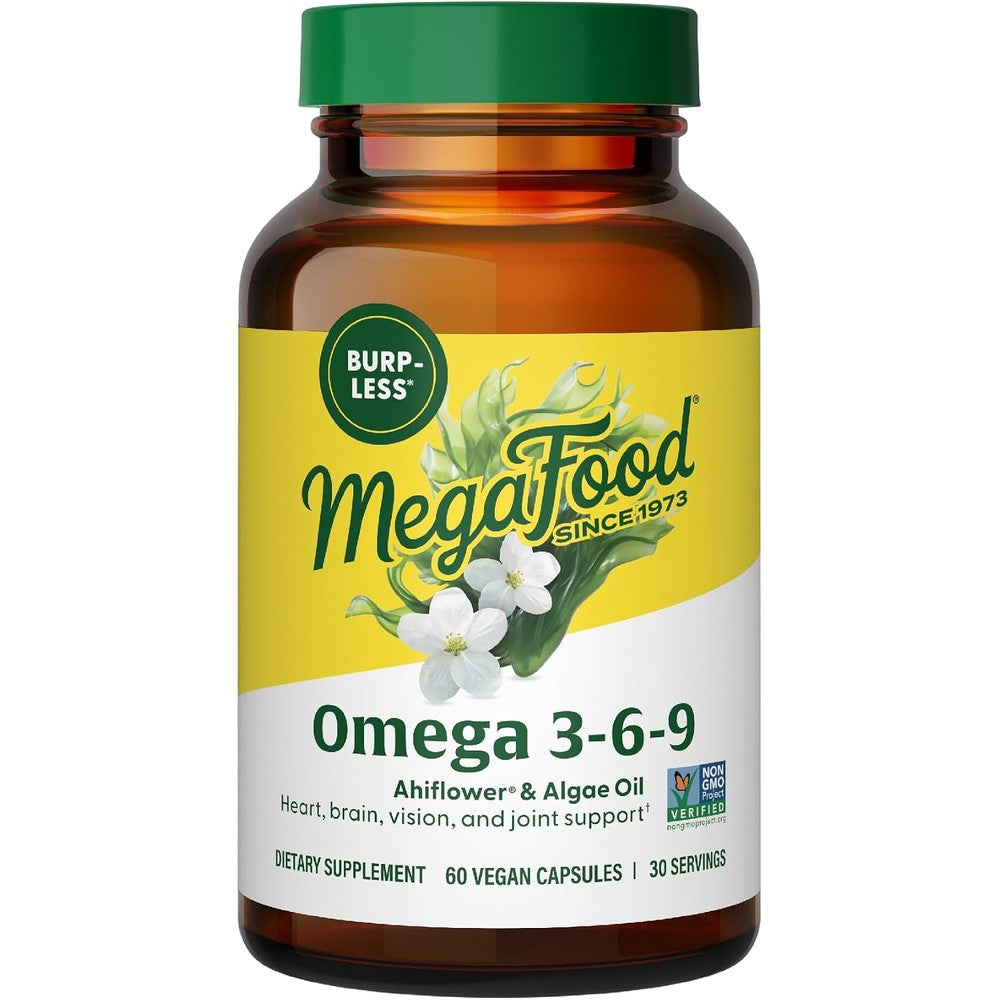 MegaFood Algae Omega 3 6 9 Supplement for Heart Brain and Vision Support 60 Vegan Capsules
