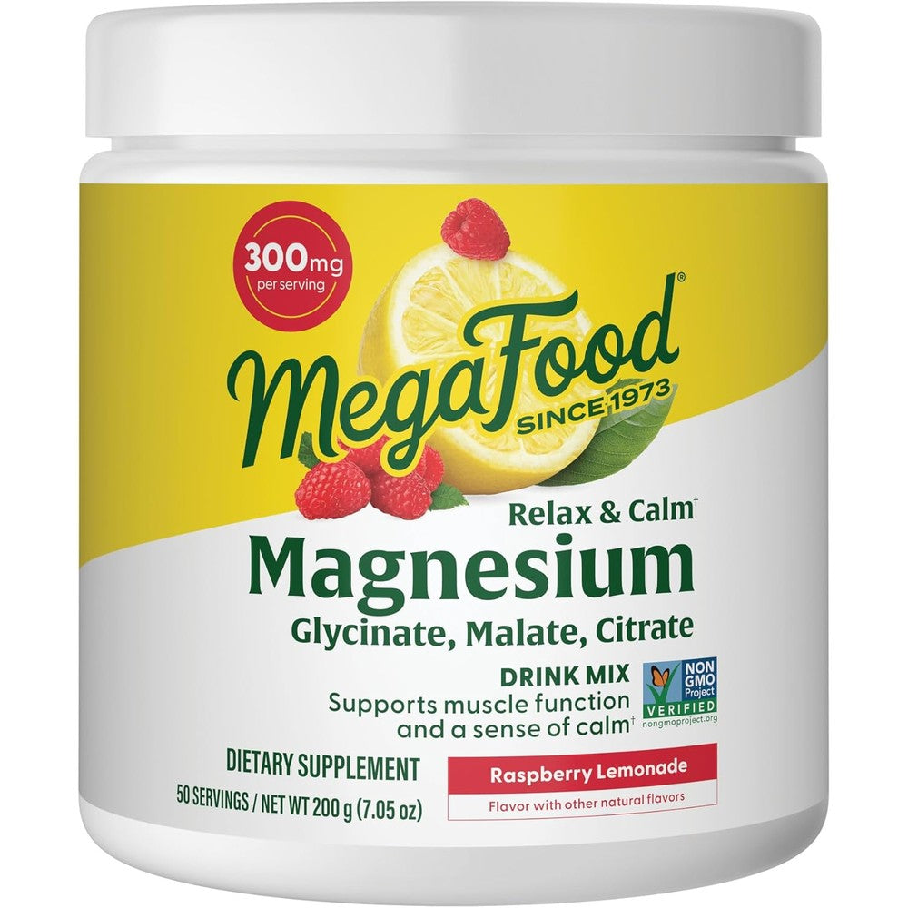 MegaFood Relax + Calm Magnesium Powder Drink Mix, Highly Absorbable Magnesium Glycinate Citrate Malate, Raspberry Lemonade, 7.05 Ounce