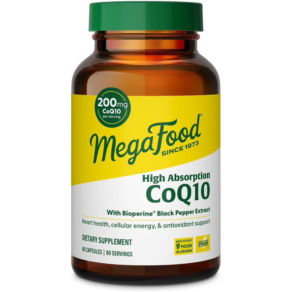 MegaFood High Absorption CoQ10 200mg Per Serving With BioPerine Black Pepper Extract Non-GMO Vegan Heart Health 60 Capsules