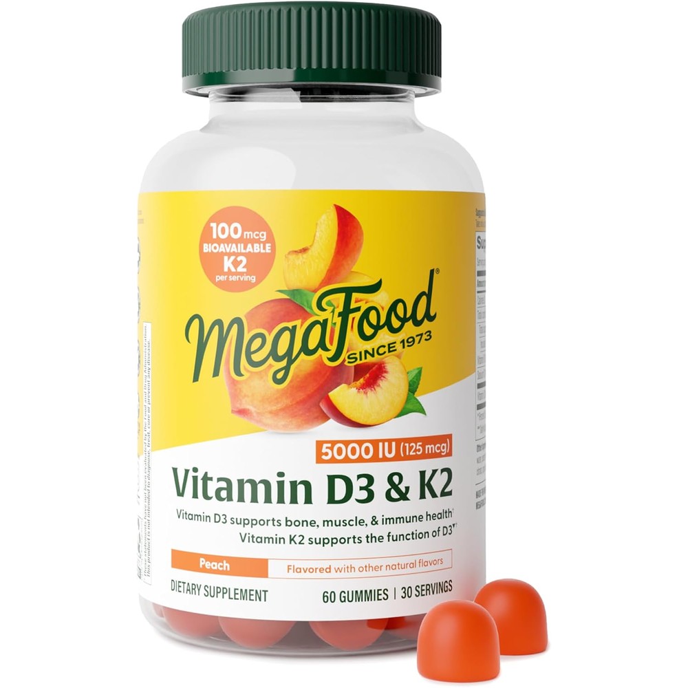 MegaFood Vitamin D3 and K2 Bone Muscle and Immune Health Support Peach Flavored Gummies 5000 IU Vegetarian Pectin Based 60 Count