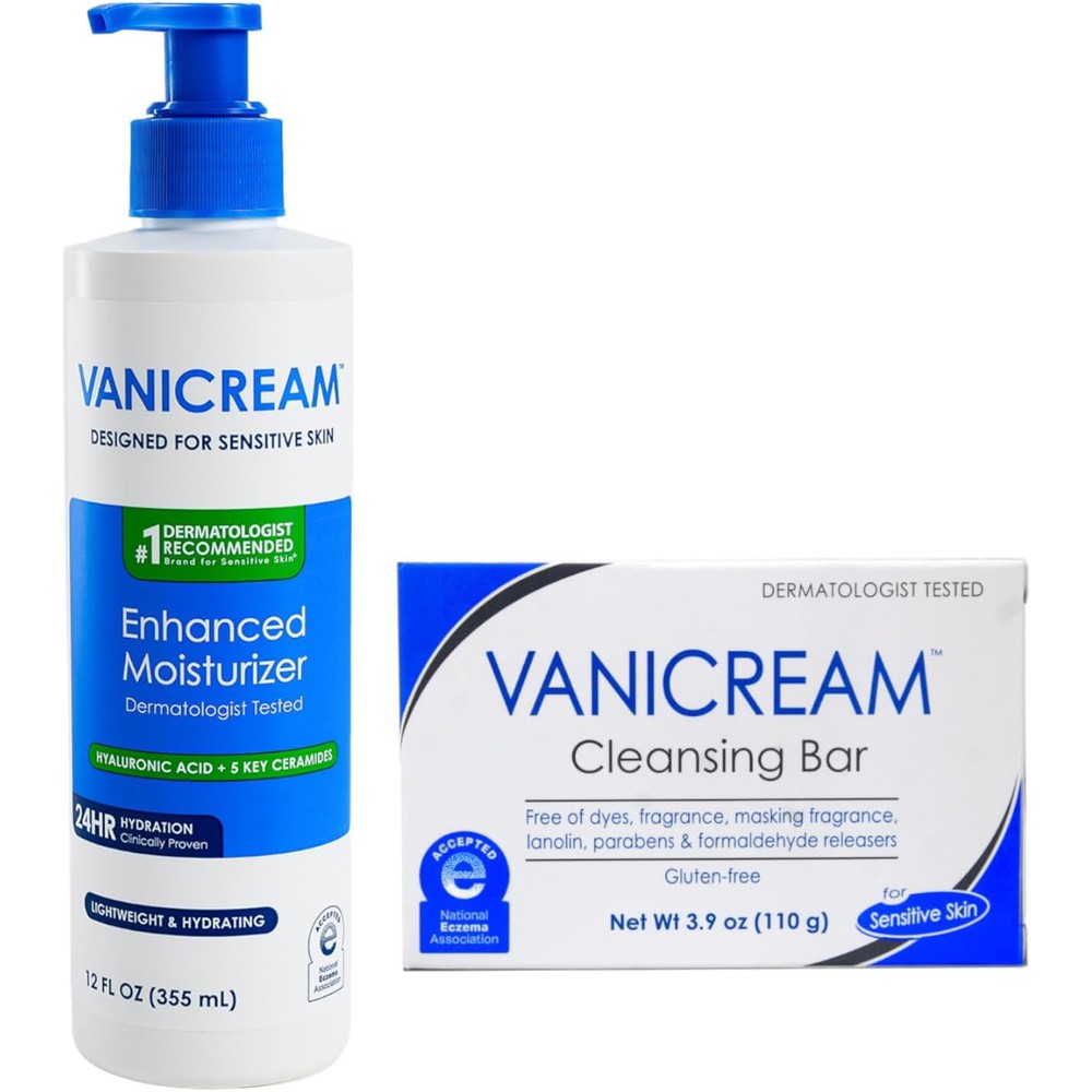 Vanicream Sensitive Skin Care Set Enhanced Moisturizer With Hyaluronic Acid And Ceramides 12 Fluid Ounces Plus Cleansing Bar 3.9 Ounces
