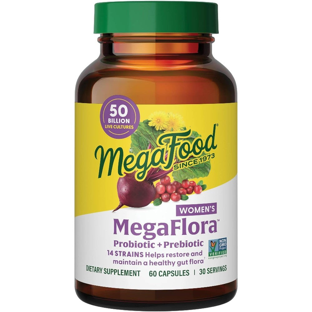 MegaFood MegaFlora Womens Probiotic Prebiotic With Cranberry 60 Capsules Probiotics For Digestive Health 50 Billion CFUs 14 Strains Vegetarian 30 S...