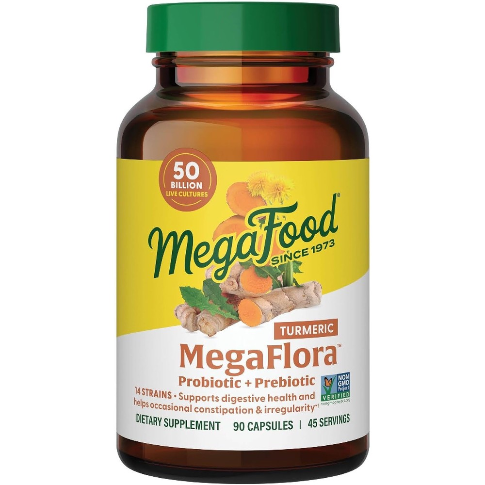 MegaFood MegaFlora Probiotic Prebiotic With Turmeric 90 Capsules - 50 Billion CFUs 14 Strains Vegetarian Digestive Health Support