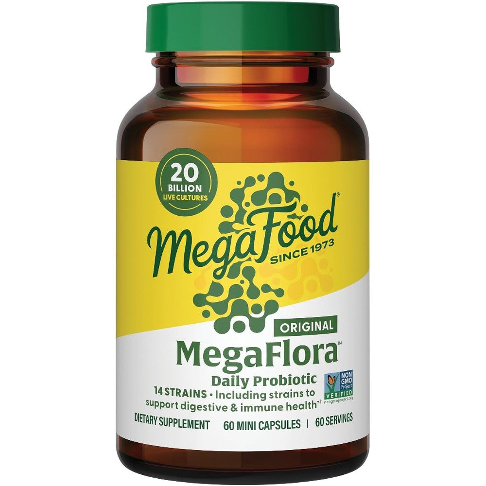 MegaFood MegaFlora Probiotic 20 Billion Live Cultures 60 Mini Capsules Daily Probiotics for Digestive Health and Immune Support 14 Strains