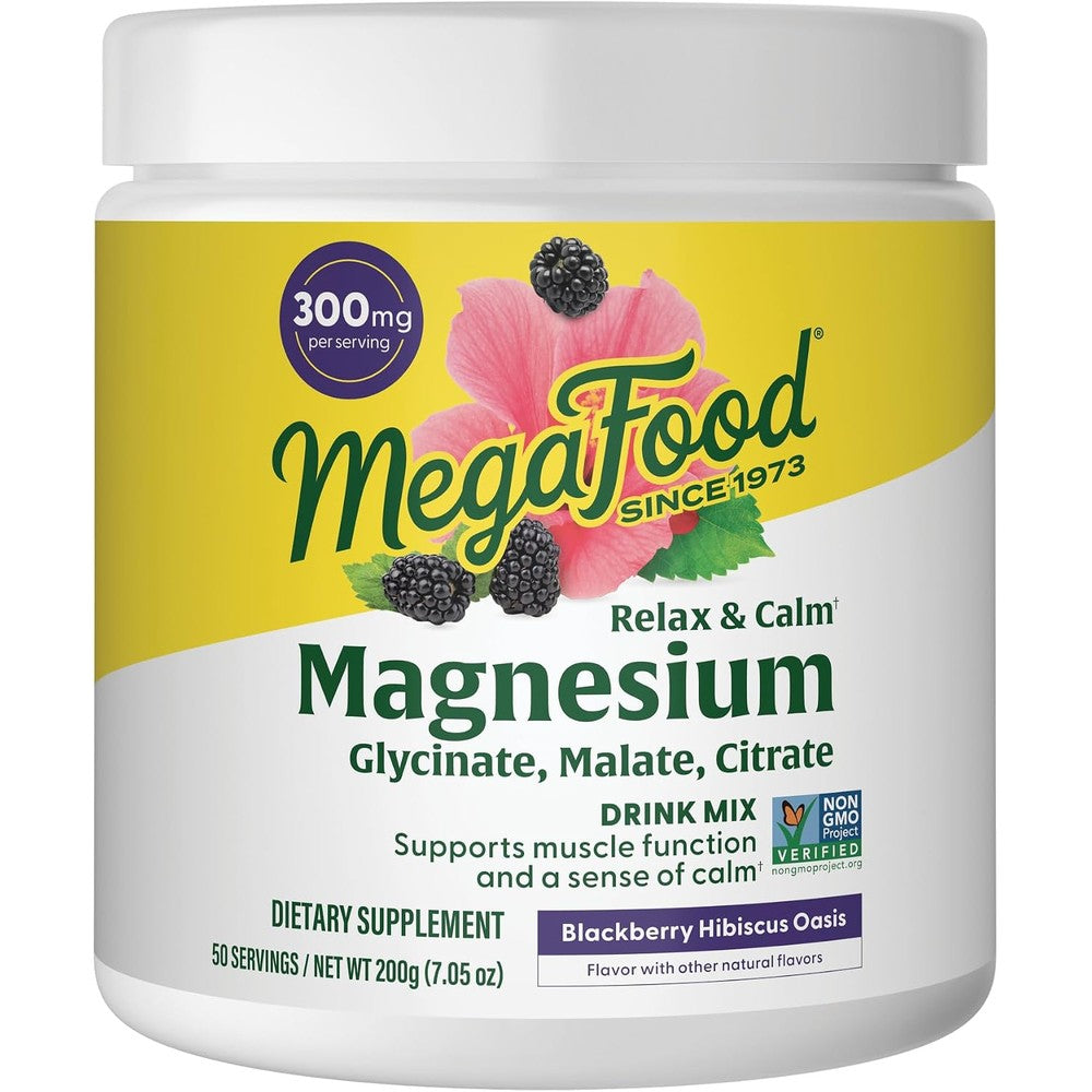 MegaFood Relax And Calm Magnesium Powder Drink Mix Blackberry Hibiscus Oasis 7.05 Ounce