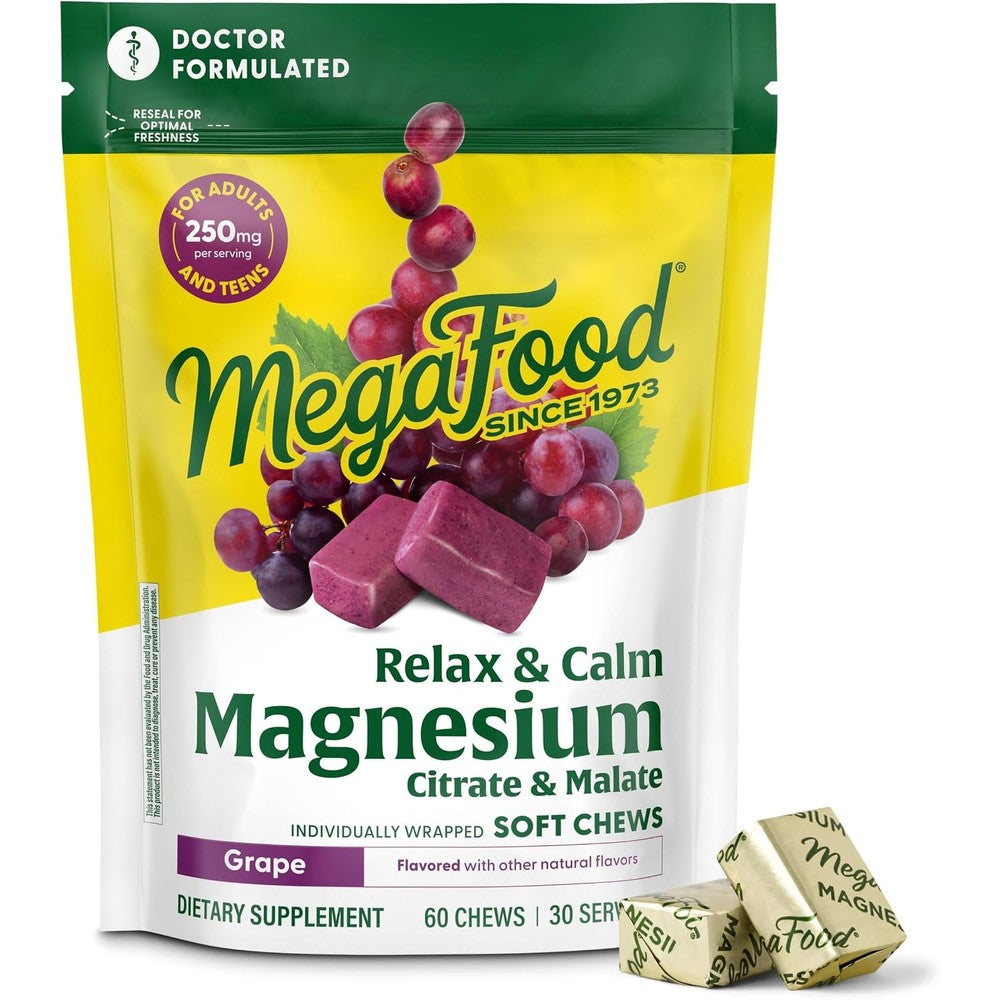 MegaFood Relax And Calm Magnesium Complex Grape 60 Soft Chews For Muscle Tension And Heart Support