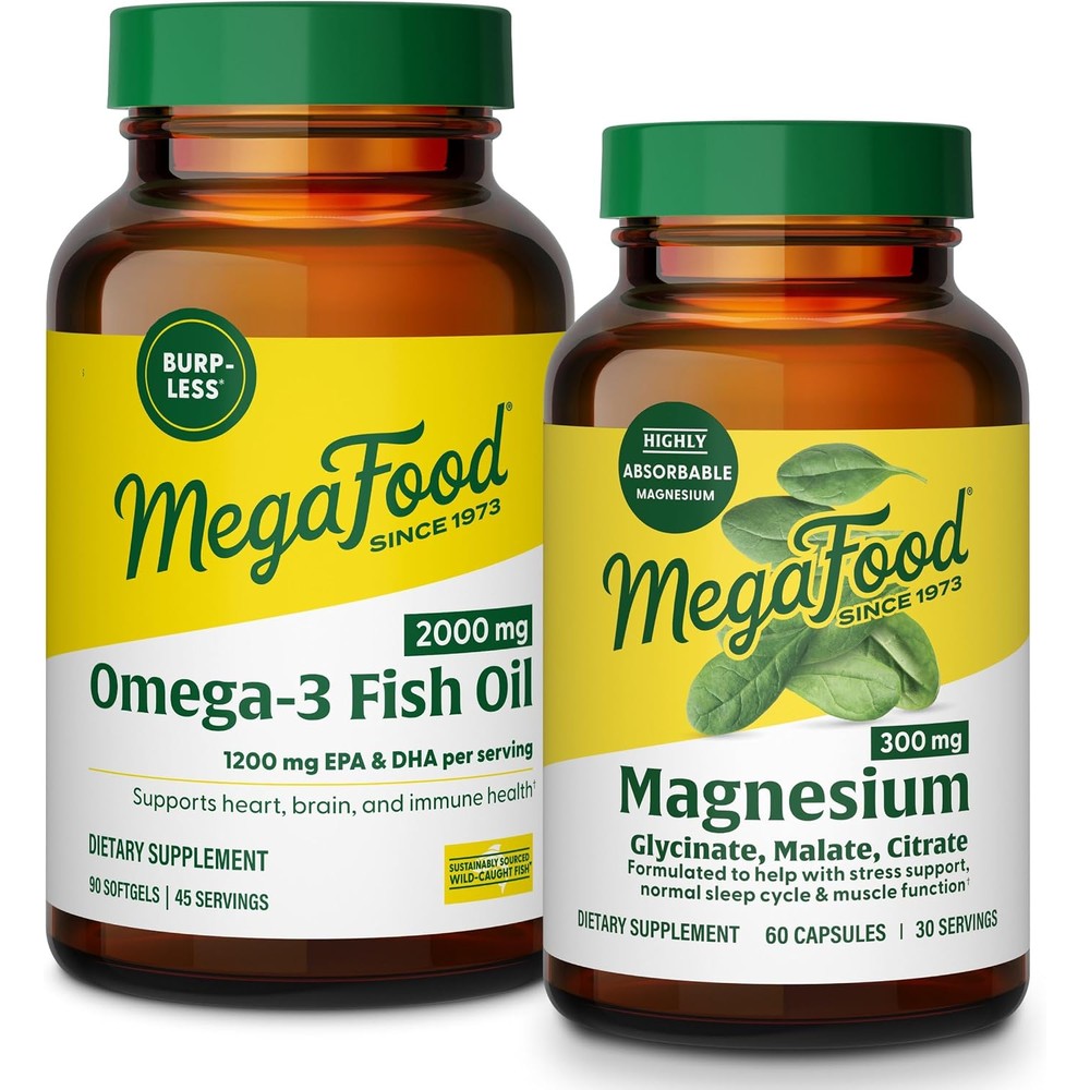 MegaFood Magnesium 300 Milligrams 60 Capsules And Omega 3 Fish Oil 90 Softgels Bundle