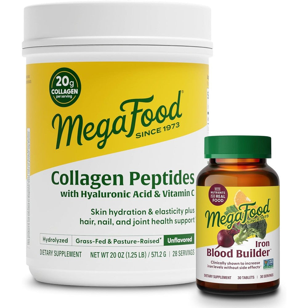 MegaFood Blood Builder Iron Supplement 30 Tablets And Collagen Peptides 20 Ounce Bundle For Energy And Skin Support