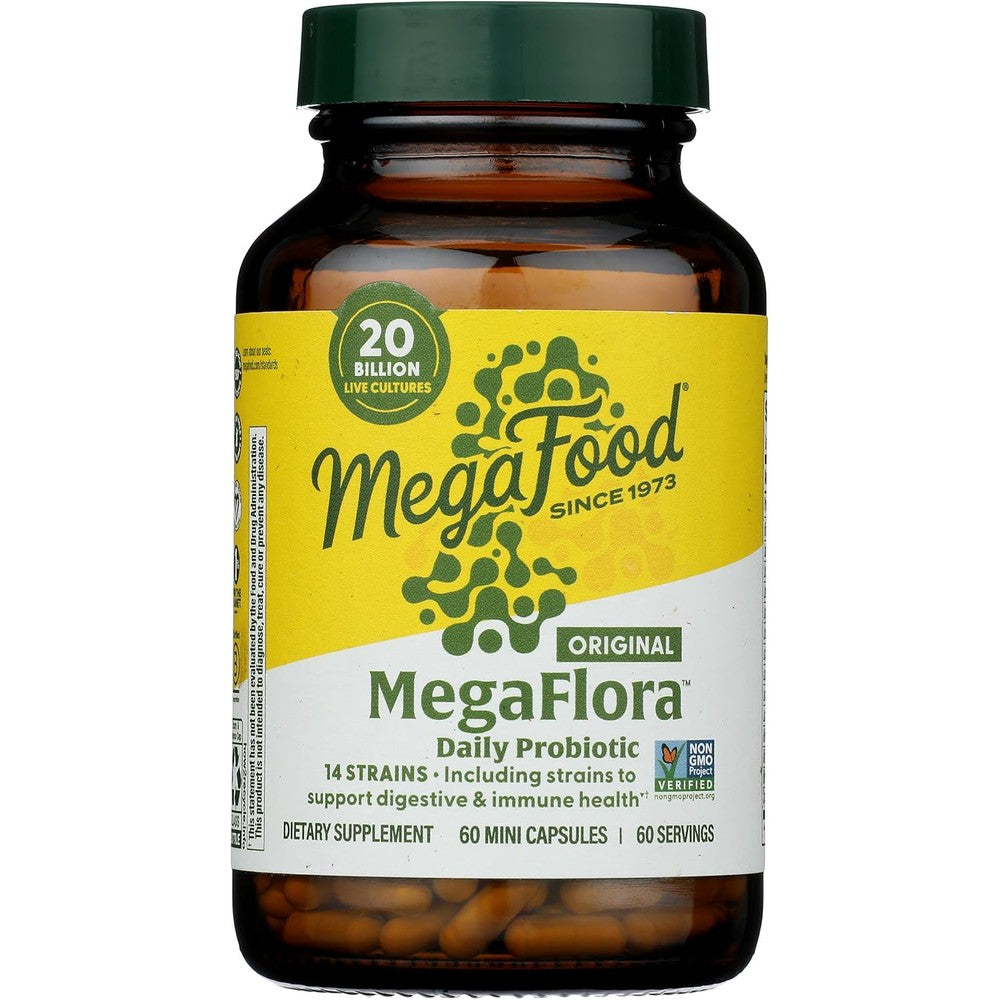 MegaFood MegaFlora Original Daily Probiotic Supplement 20 Billion Live Cultures 14 Strains 60 Count Mini Capsules