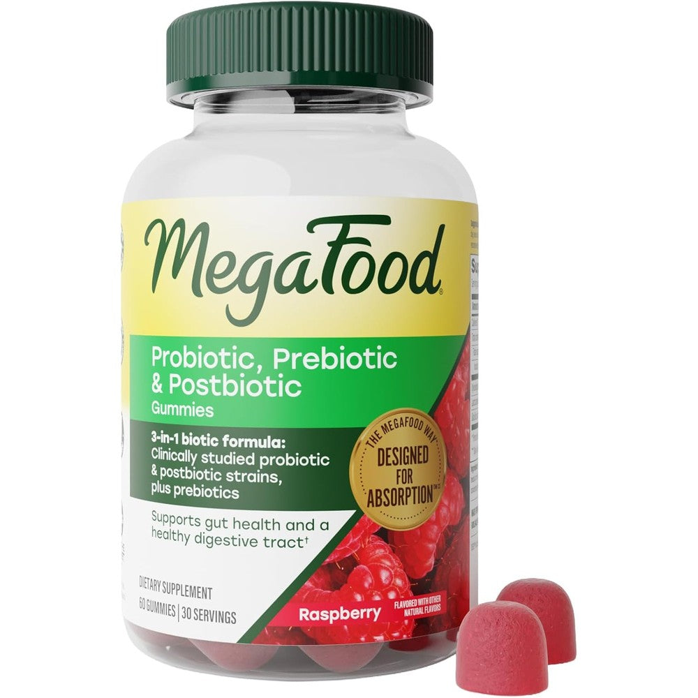 MegaFood Probiotic Prebiotic and Postbiotic Gummies Raspberry 60 Gummies 3-in-1 Digestion Support for Gut Health Vegan 30 Servings