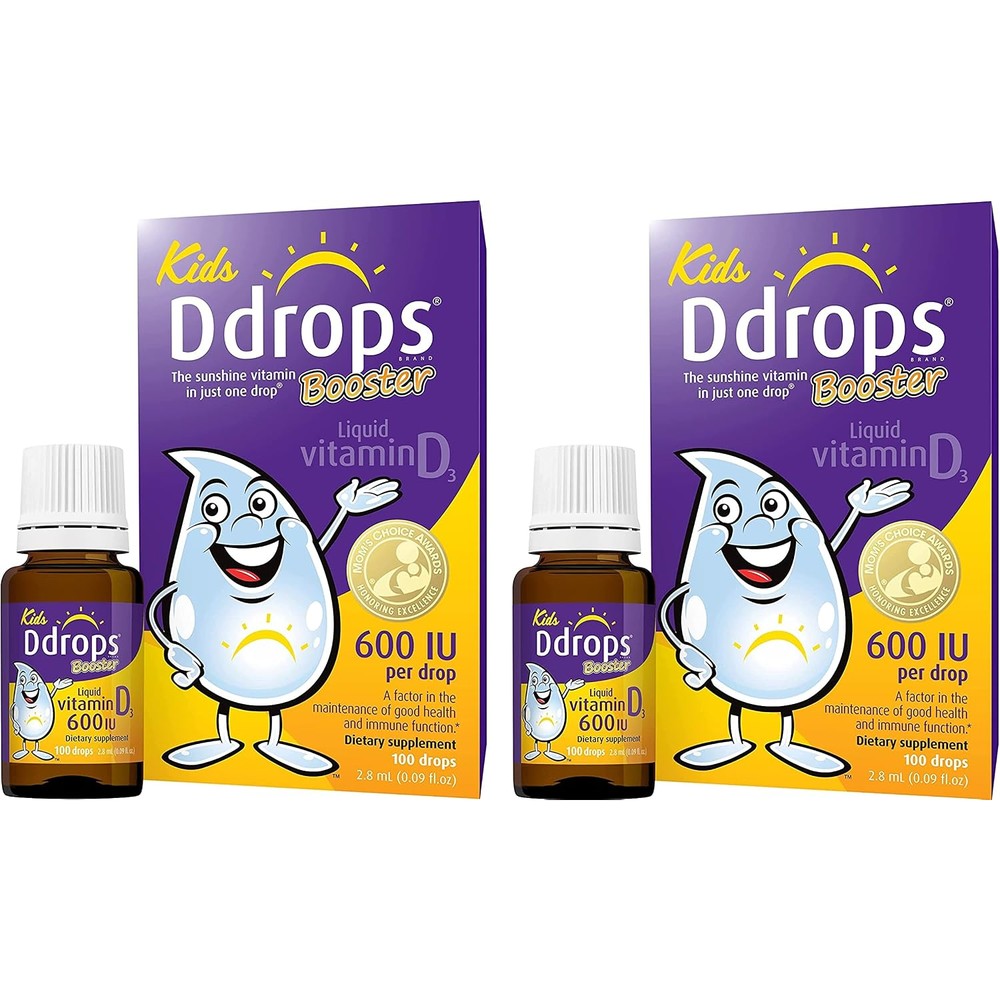 Ddrops Kids Booster 600IU 100 Drops Daily Liquid Vitamin D For Kids Support Strong Bones And Immune System Pack Of 2