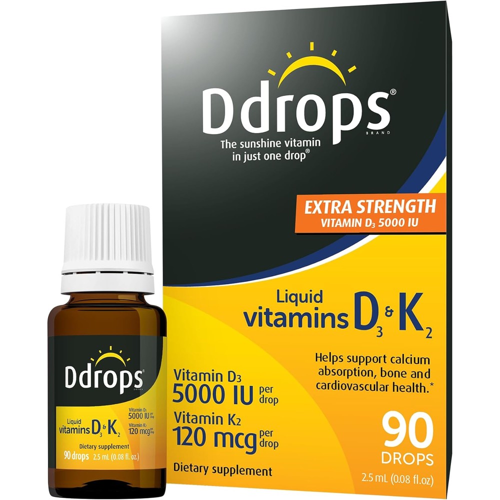 Ddrops Extra Strength 5000 IU Vitamin D3 Plus K2 90 Drops Liquid Supplement Supporting Bone Immune And Cardiovascular Health