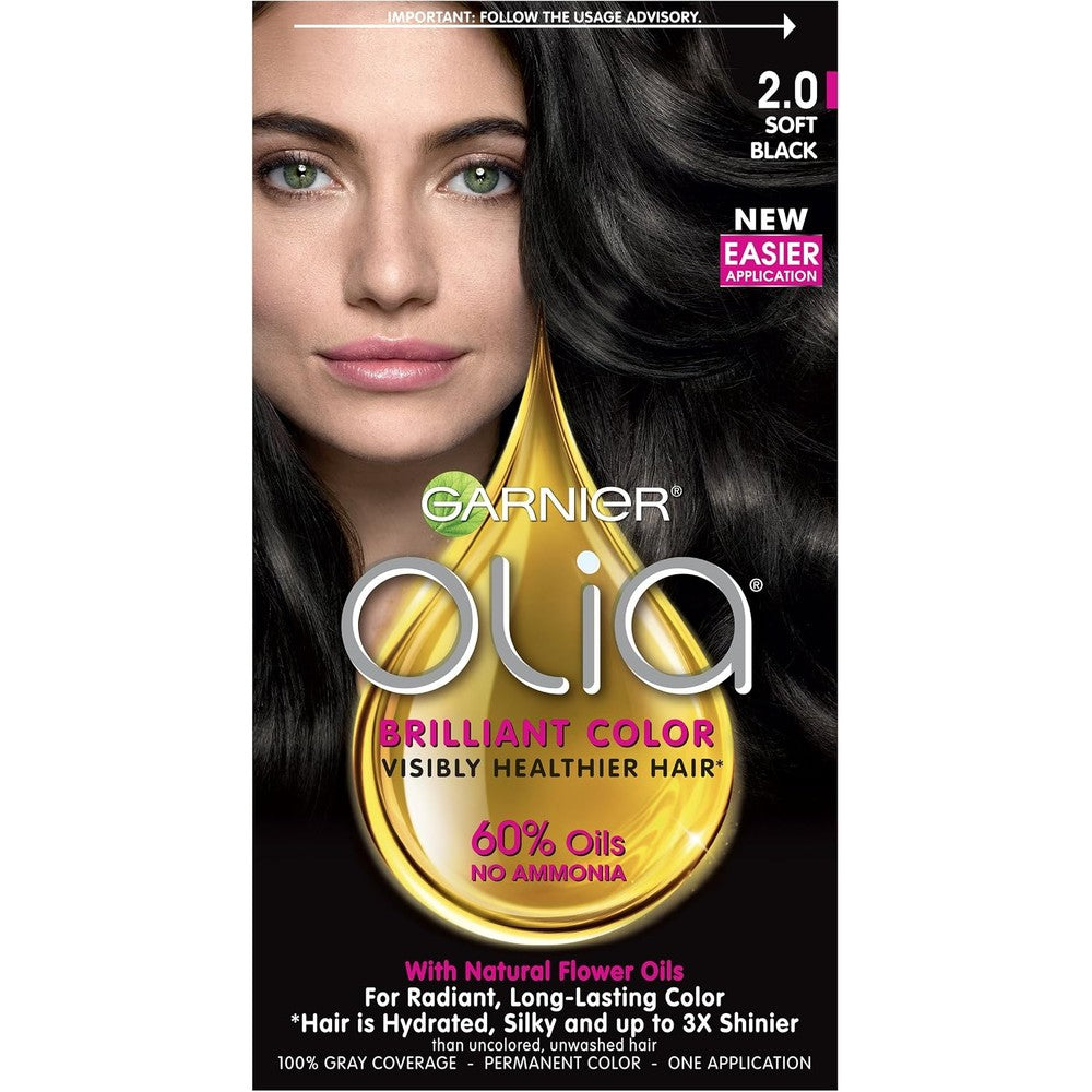Negi Garnier Olia Ammonia Free Permanent Hair Color 100% Gray Coverage 2.0 Soft Black Pack of 1