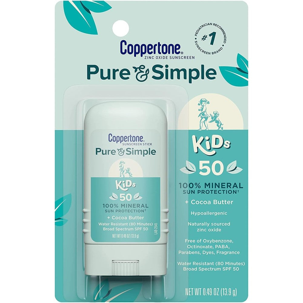 Coppertone Kids Pure and Simple SPF 50 Mineral Sunscreen Stick Hypoallergenic Water Resistant Gentle Spot Protection 0.49 Ounce Pack of 2