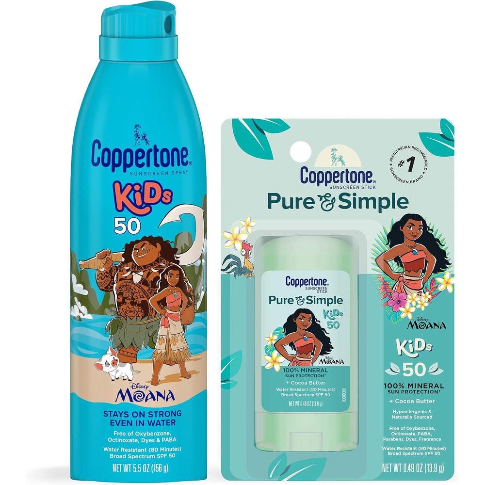 Coppertone Kids Sunscreen Spray SPF 50 5 Ounce and Pure And Simple Kids Mineral Sunscreen Stick 0.49 Ounce Duo
