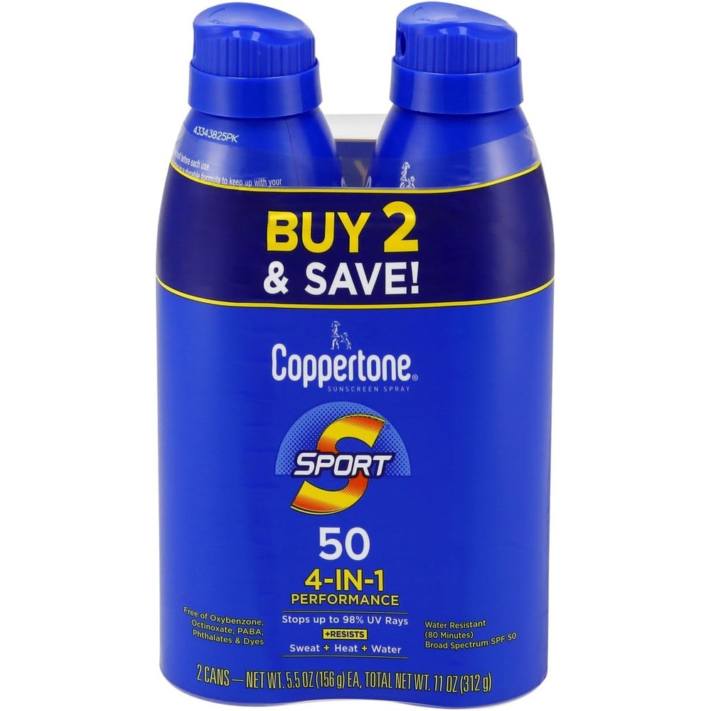 Coppertone Sport 4-In-1 Performance SPF 50 Sunscreen Spray Twin Pack 11.0 Ounces