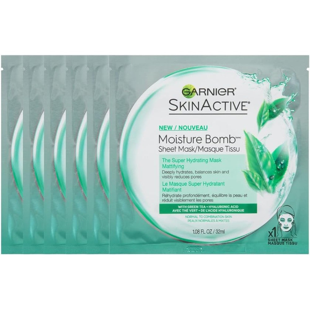Garnier SkinActive Super Hydrating Sheet Mask Mattifying Green Tea And Hyaluronic Acid 6 Count