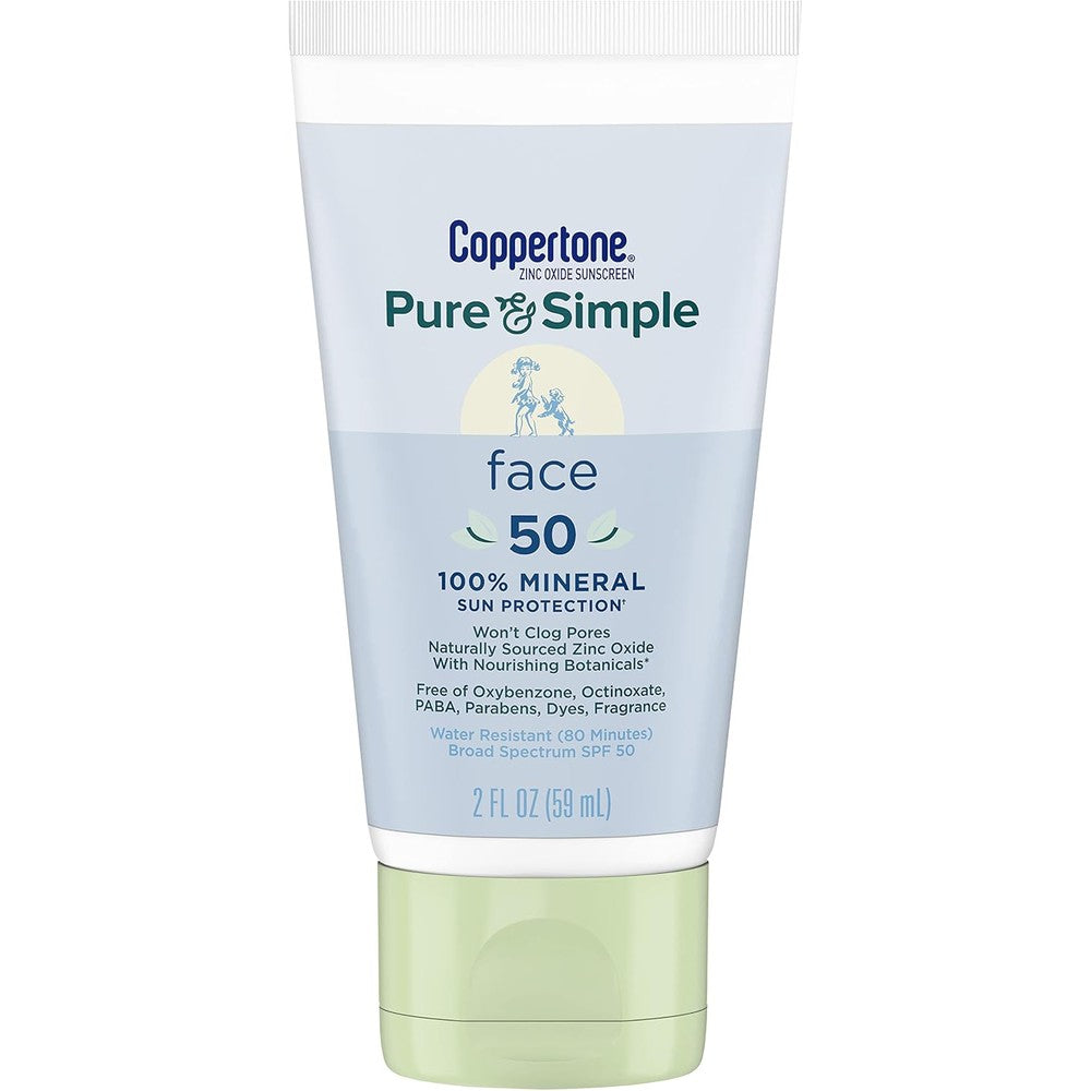 Coppertone Pure And Simple SPF 50 Face Sunscreen Lotion Mineral Zinc Oxide Formula For Sensitive Skin 2 Ounce