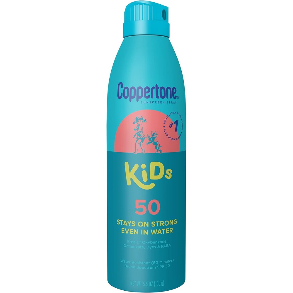 Coppertone Kids Sunscreen Spray SPF 50 Water Resistant Broad Spectrum UVA UVB Protection Oxybenzone Free Continuous Mist Sunscreen 5.5 Ounce