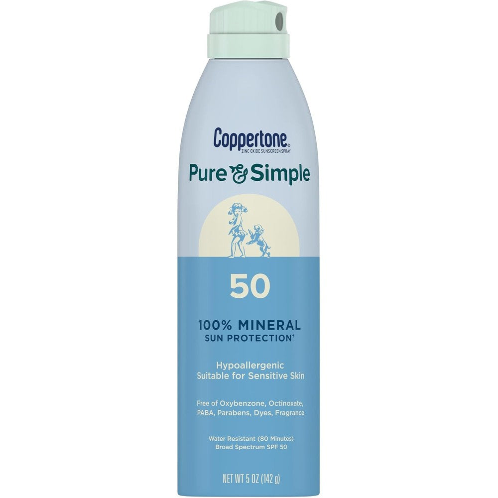 Coppertone Pure And Simple Zinc Oxide Mineral Sunscreen Spray SPF 50 For Sensitive Skin 5 Ounce