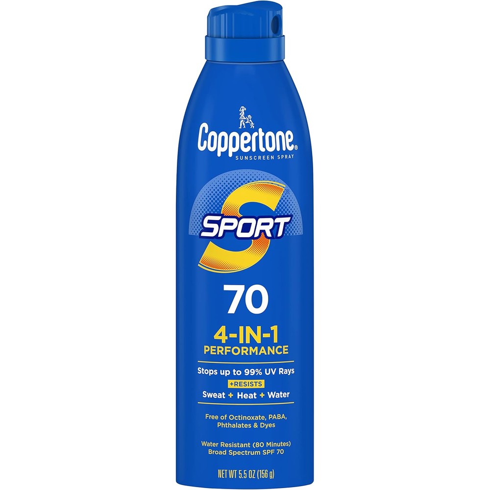 Coppertone Sport Continuous Sunscreen Spray Broad Spectrum SPF 70 Water Resistant Sweat Proof Body Sun Protection Spray 5.5 Ounce