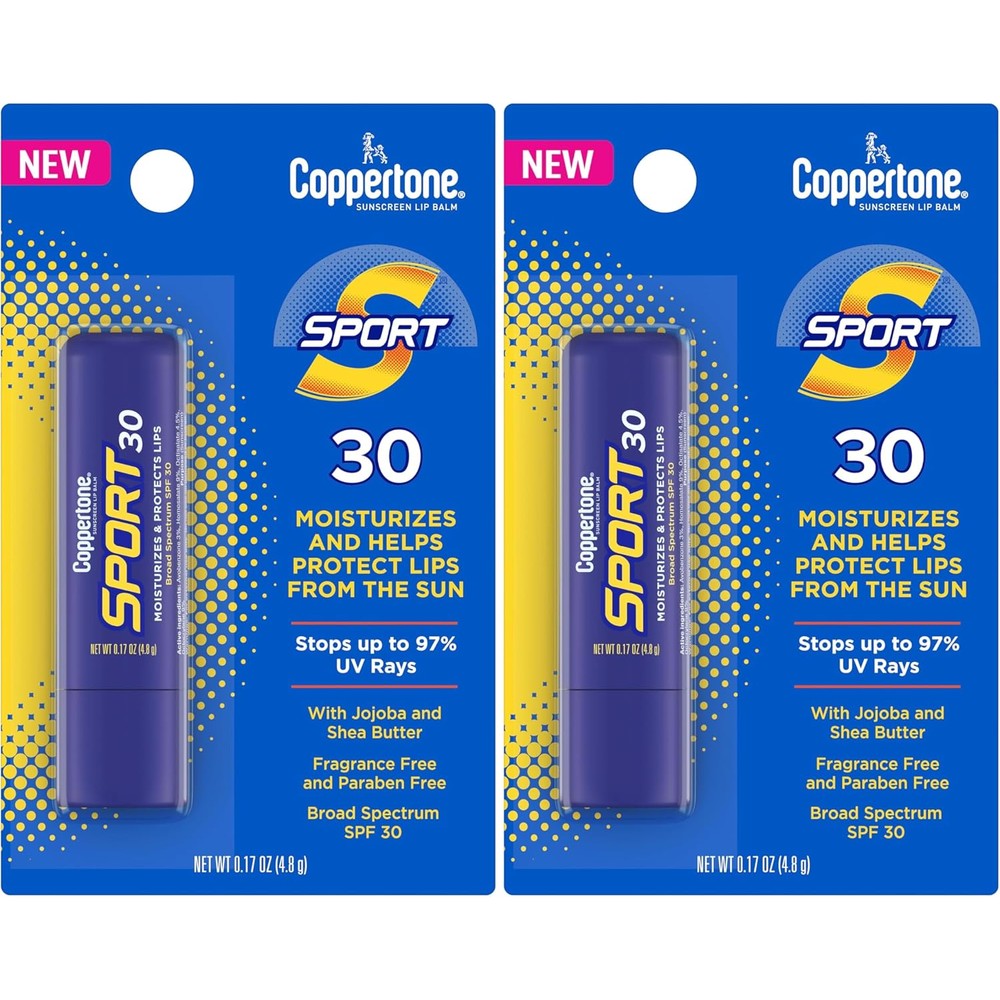 Coppertone Sport Broad Spectrum SPF 30 Sun Protection Lip Balm With Jojoba And Shea Butter 0.17 Ounce Stick Pack of 2
