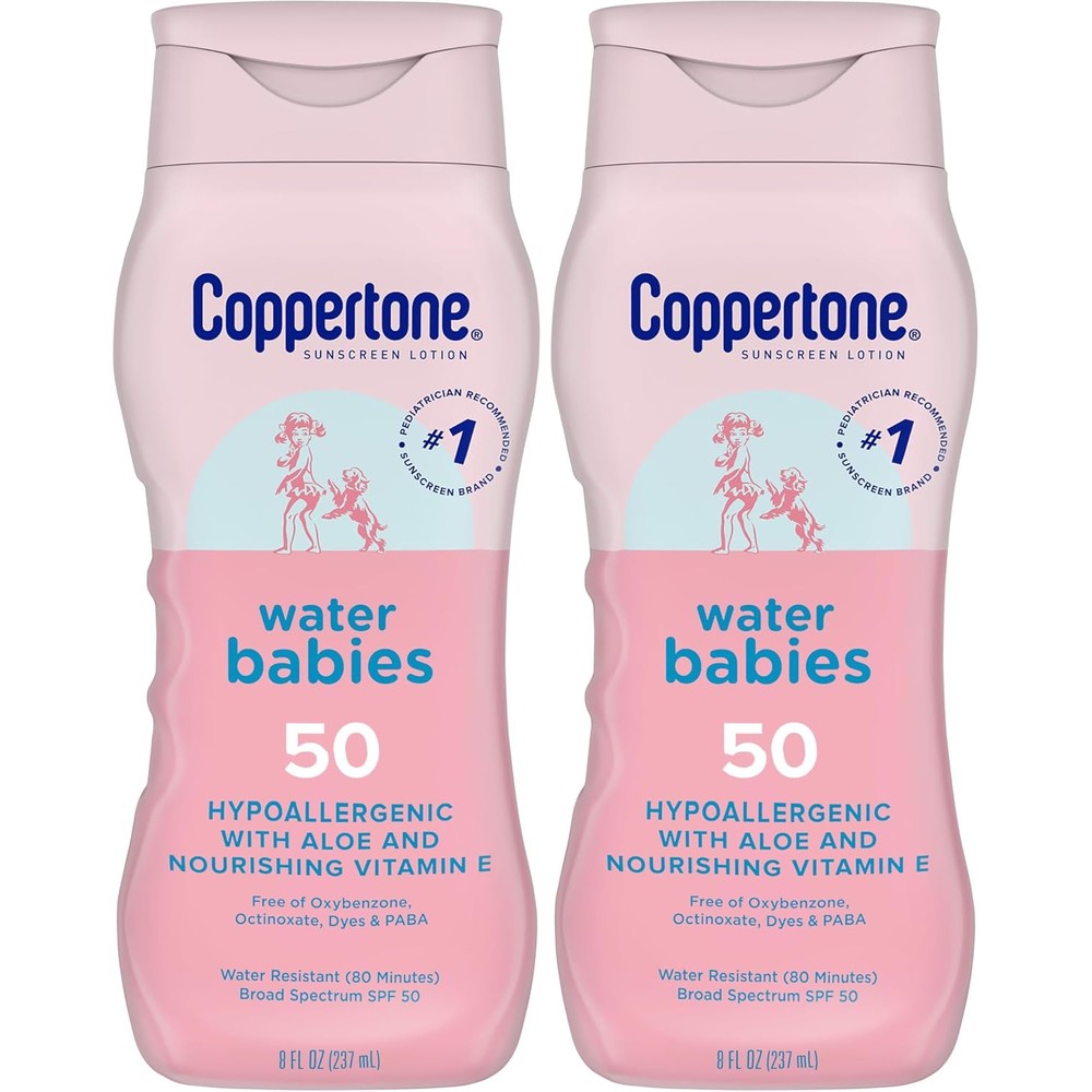 Coppertone WaterBabies Baby Sunscreen Lotion SPF 50 Hypoallergenic Water Resistant 8 Fluid Ounce Bottle Pack of 2