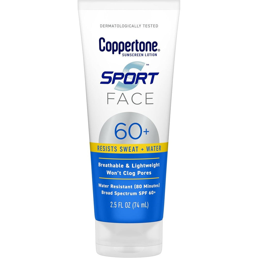 Coppertone Sport Face Sunscreen Lotion Broad Spectrum SPF 60+ Water Resistant Lightweight Formula 2.5 Fluid Ounce Tube