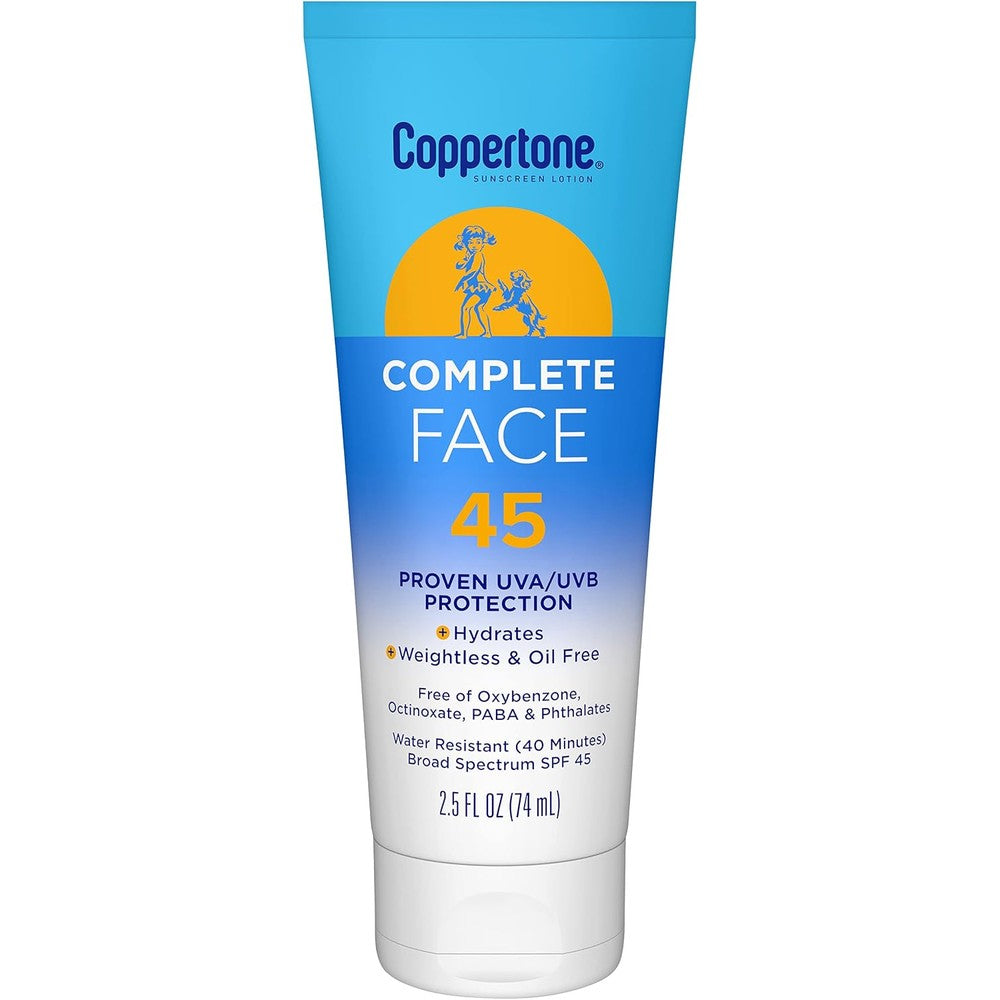Coppertone Complete Face Sunscreen Lotion SPF 45 Weightless And Oil Free Sun Protection 2.5 Fluid Ounce