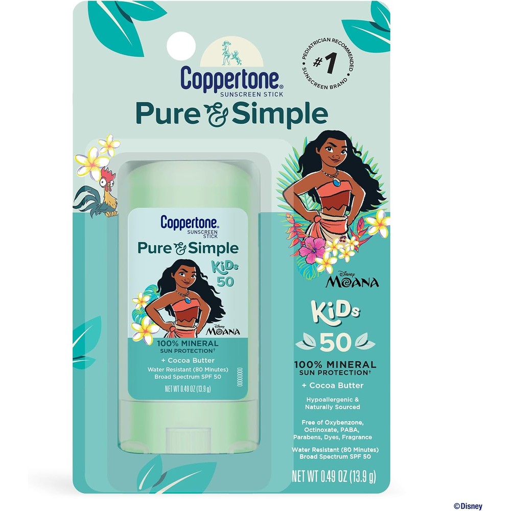 Coppertone Pure And Simple Kids Exclusive Disney Moana Sunscreen Stick SPF 50 Hypoallergenic Mineral Formula 0.49 Ounce