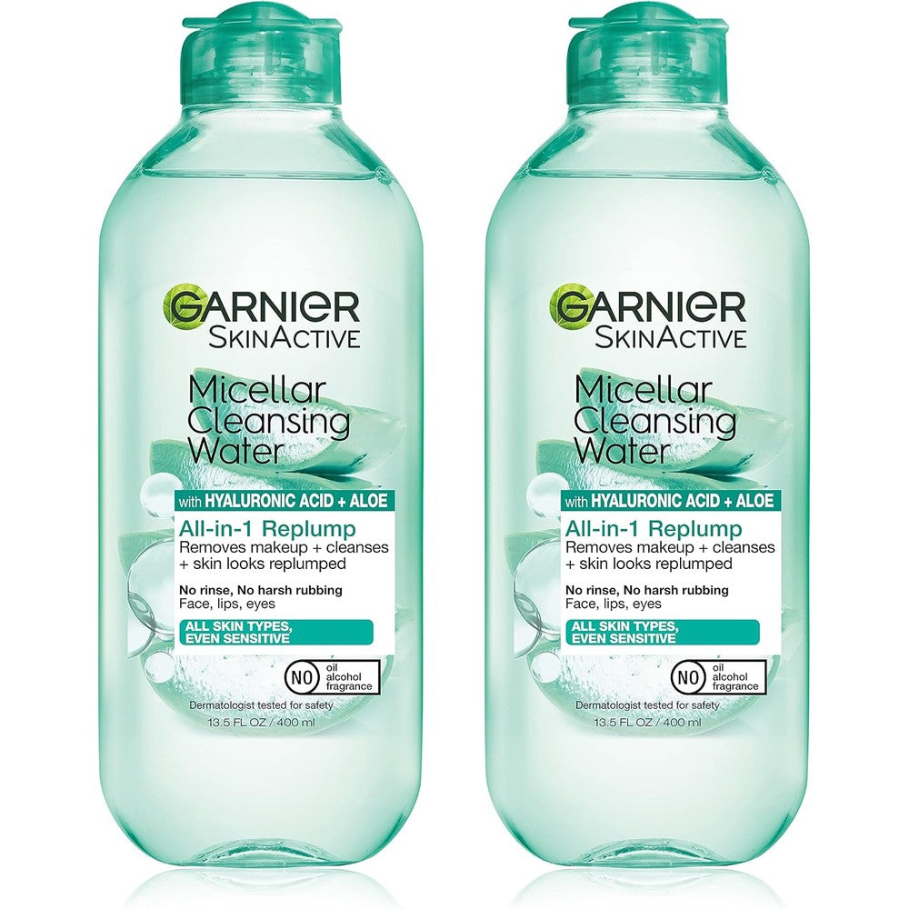 Garnier Micellar Water with Hyaluronic Acid Facial Cleanser and Makeup Remover Hydrating and Plumping For All Skin Types 400 Milliliters 2 Count