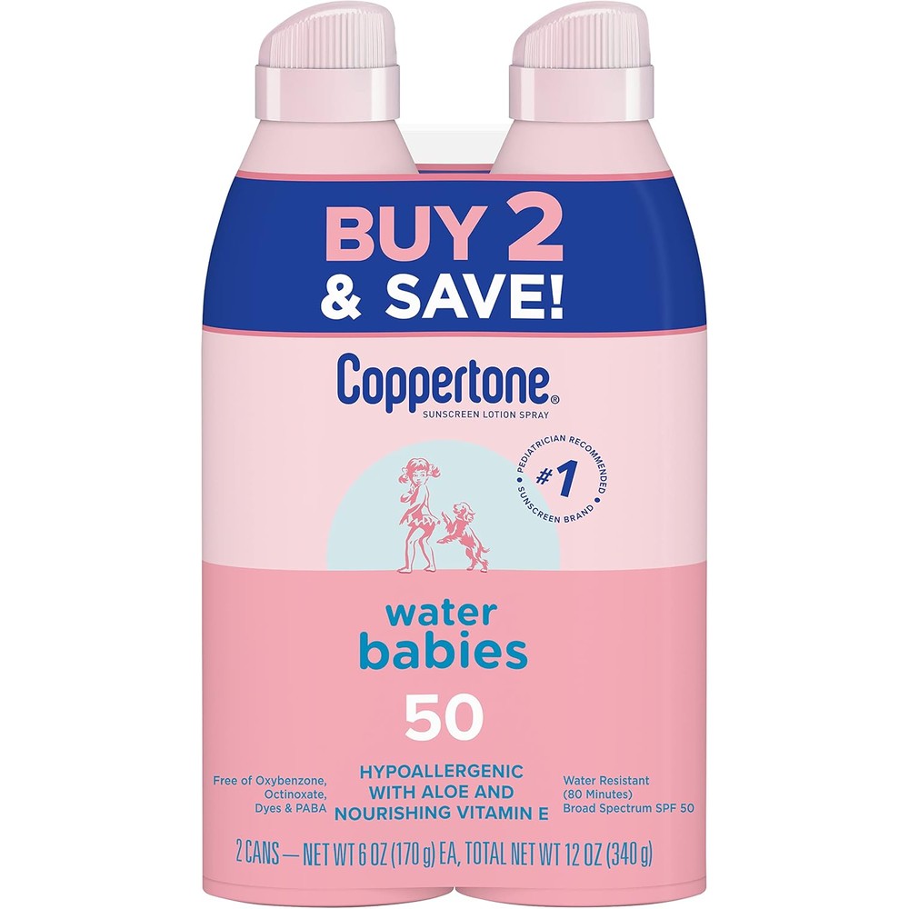 Coppertone WaterBabies Quick Cover Spray On Baby Sunscreen Broad Spectrum SPF 50 Gentle Hypoallergenic Formula Twin Pack 6 Fluid Ounces