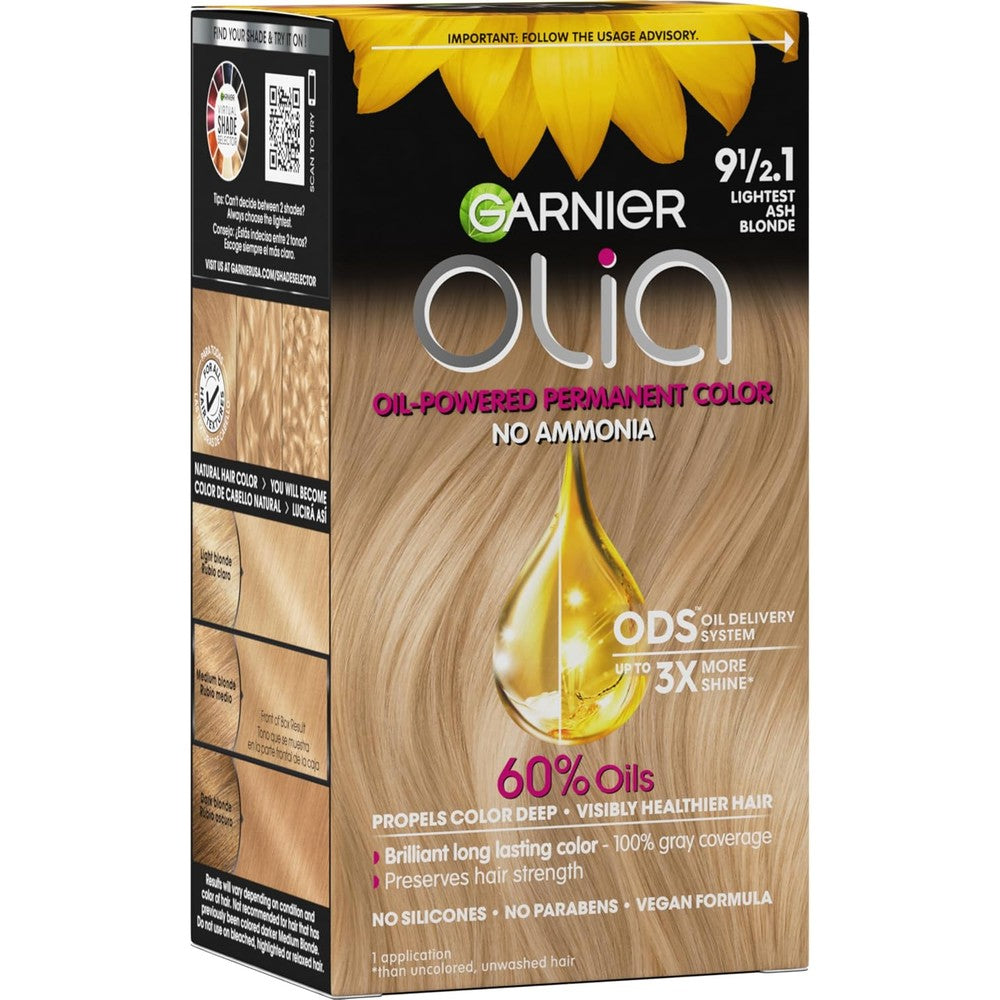 Garnier Olia Ammonia-Free Permanent Hair Color, 9 1/2.1 Lightest Ash Blonde, Oil-Powered Hair Dye For Gray Coverage And Shine, 1 Count