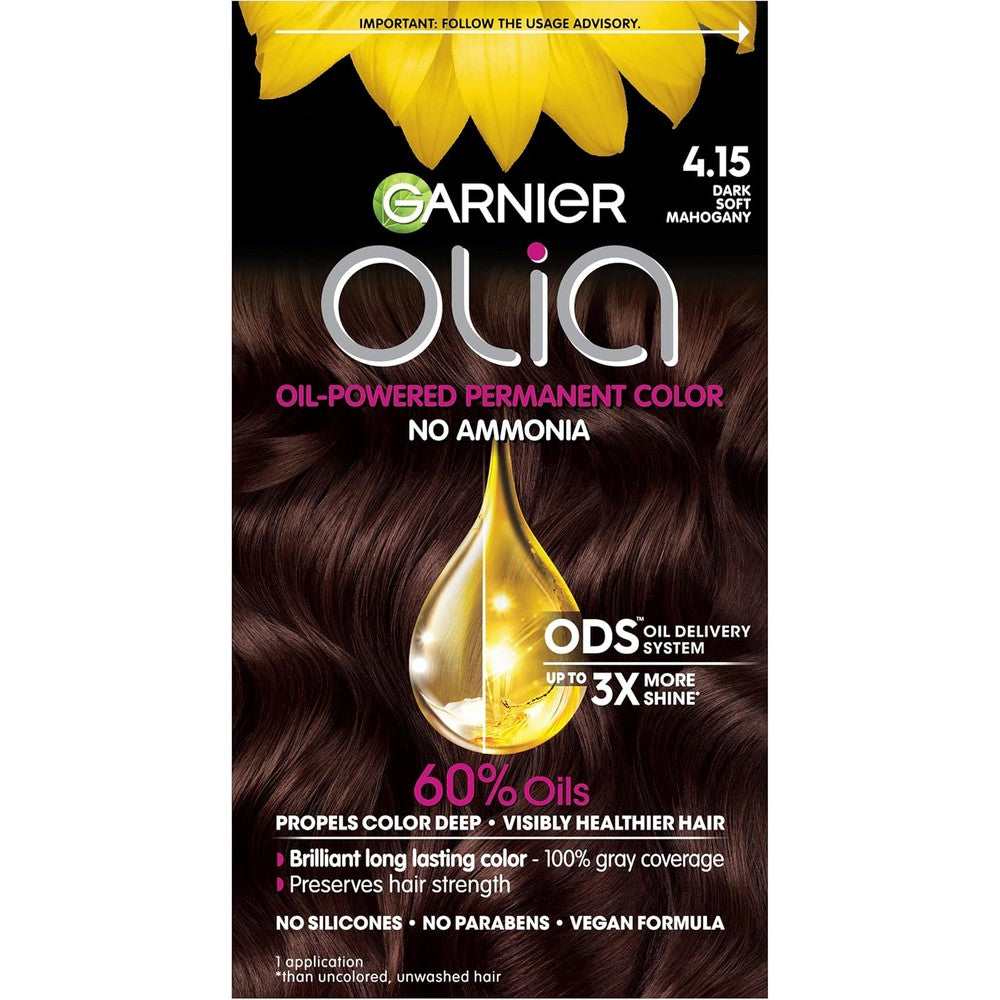 Garnier Hair Color Olia Ammonia-Free Brilliant Color Oil-Rich Permanent Hair Dye, 4.15 Dark Soft Mahogany, 1 Count