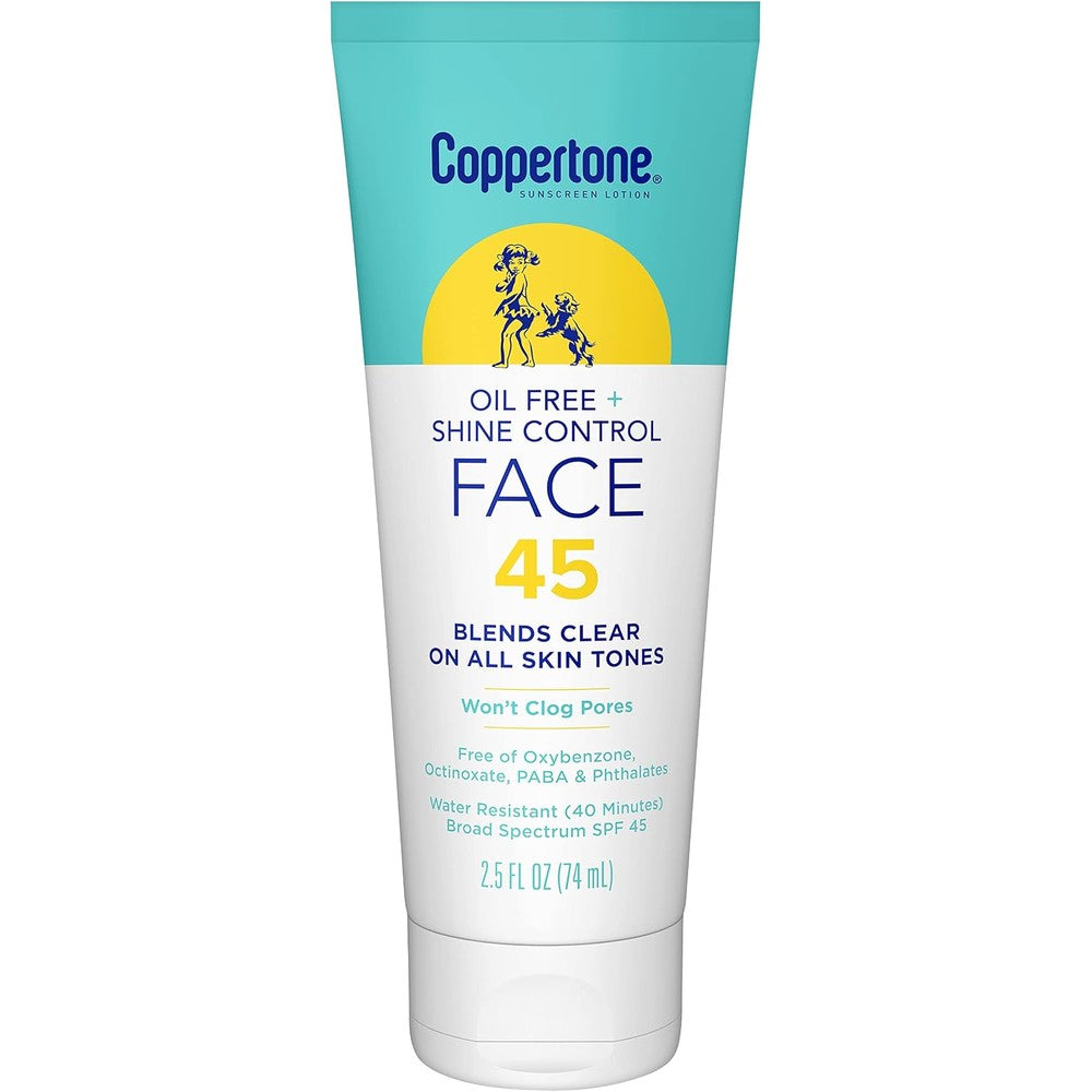Coppertone Oil Free Plus Shine Control Sunscreen Face Lotion SPF 45 Fragrance Free 2.5 Fluid Ounce