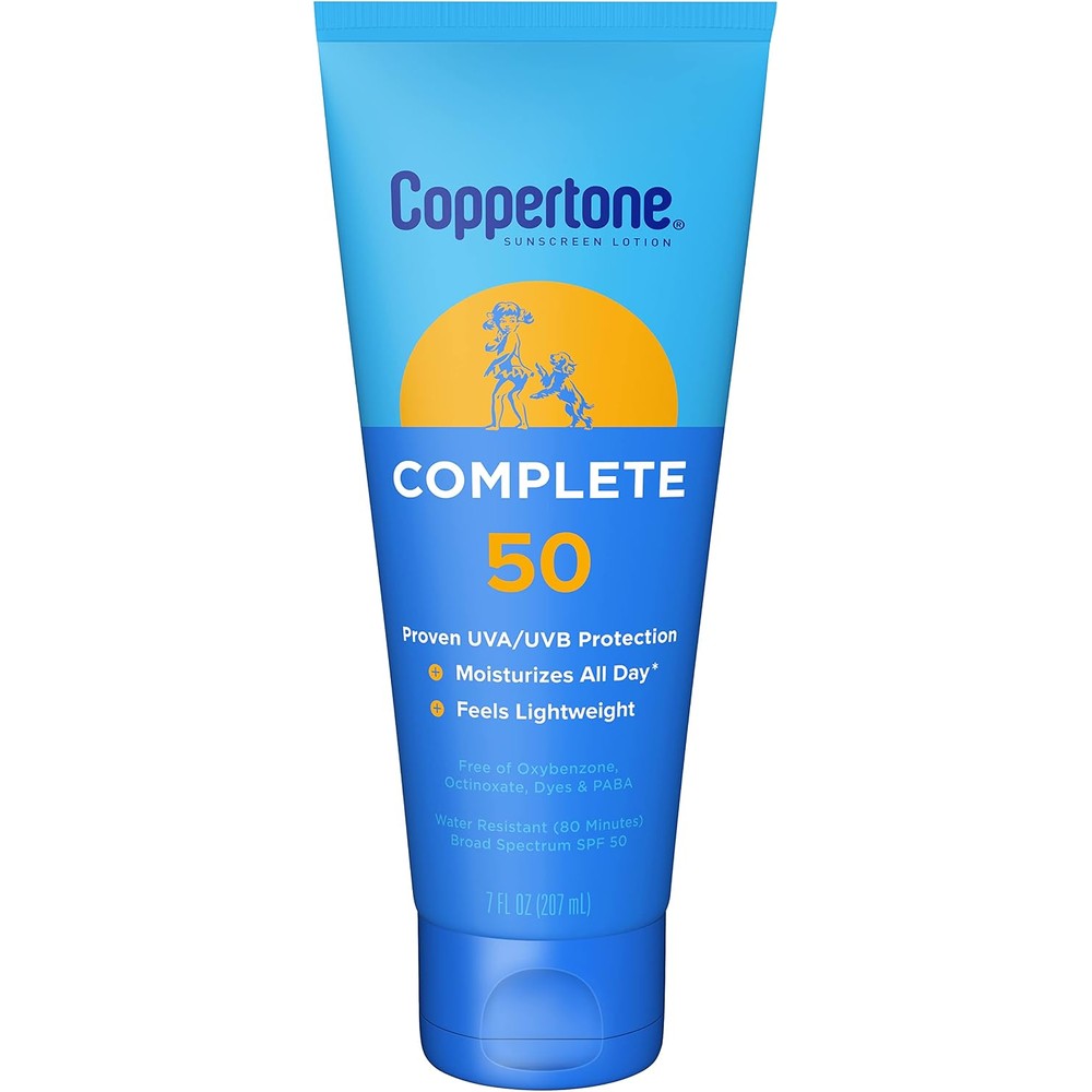 Coppertone Complete Sunscreen Lotion SPF 50 Lightweight Water Resistant Broad Spectrum Sun Protection Face Body 7 Fluid Ounce Tube