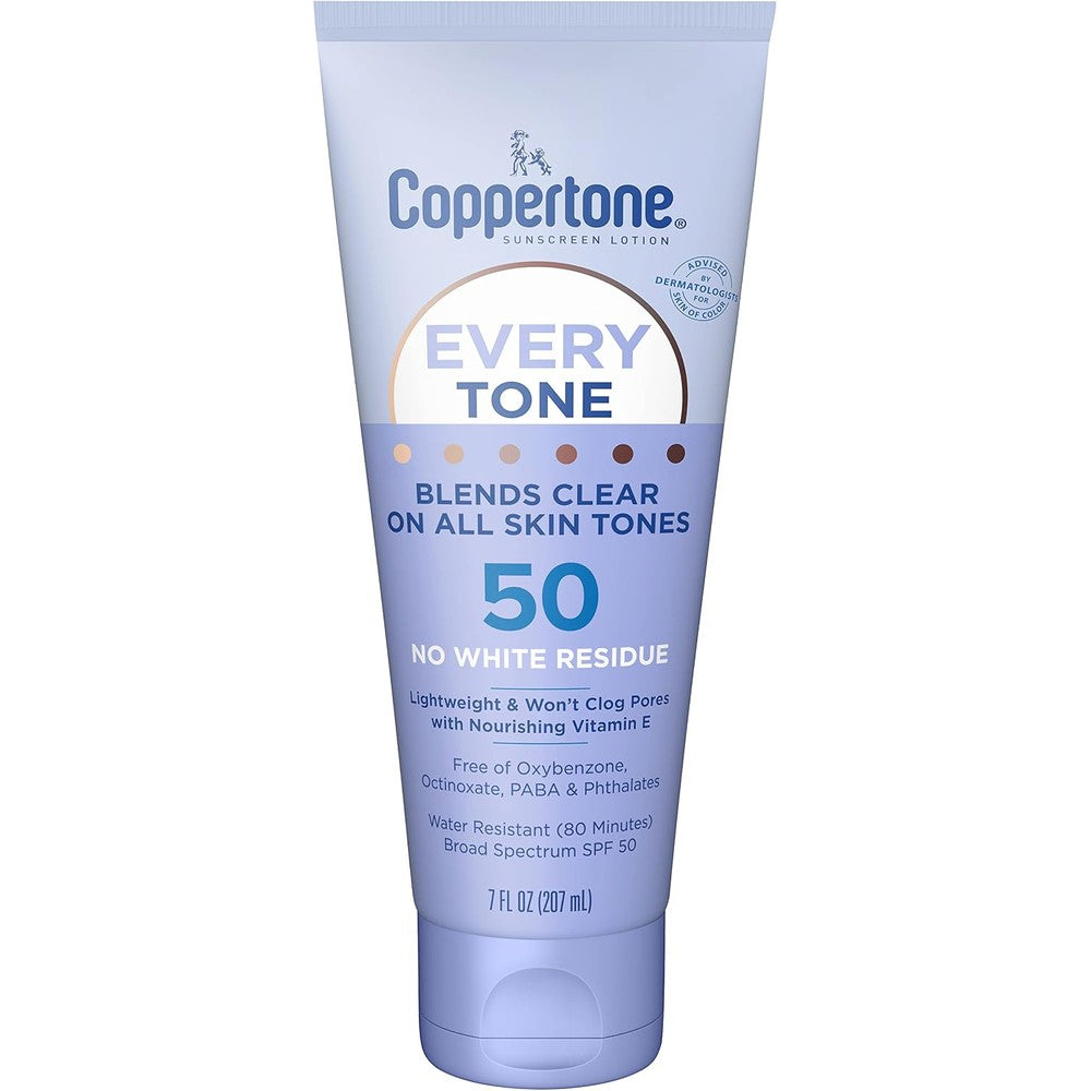 Coppertone Every Tone Sunscreen Lotion SPF 50 Broad Spectrum Protection With Nourishing Vitamin E 7 Fluid Ounce Tube