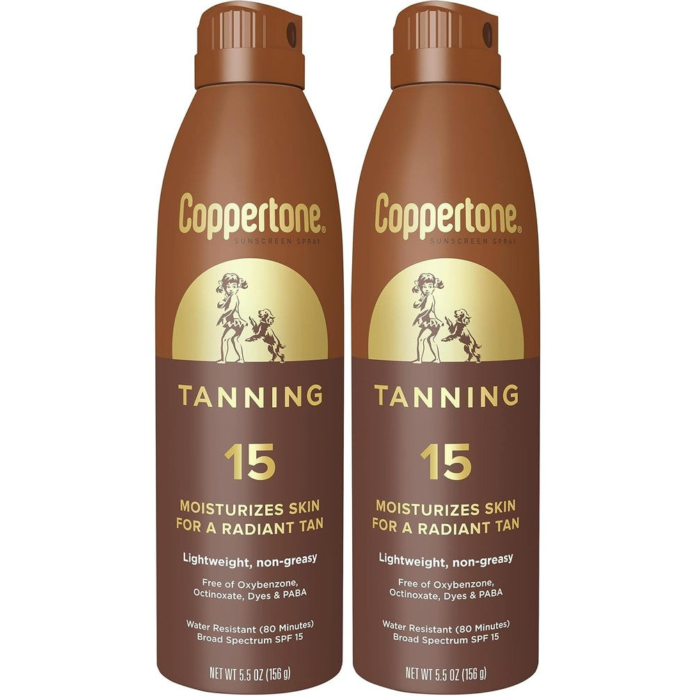 Coppertone Tanning Sunscreen Spray With Broad Spectrum SPF 15 Water Resistant Lightweight And Non-Greasy 5.5 Ounces Pack of 2
