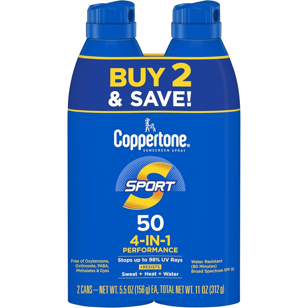 Coppertone Sport Sunscreen Spray Broad Spectrum SPF 50 Water Resistant 5.5 Ounce Pack of 2