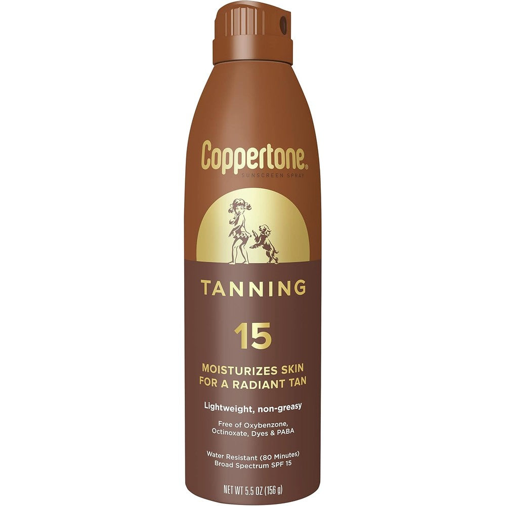 Coppertone Tanning Sunscreen Spray Broad Spectrum SPF 15 Water Resistant Continuous Mist Non-Greasy Formula 5.5 Ounce