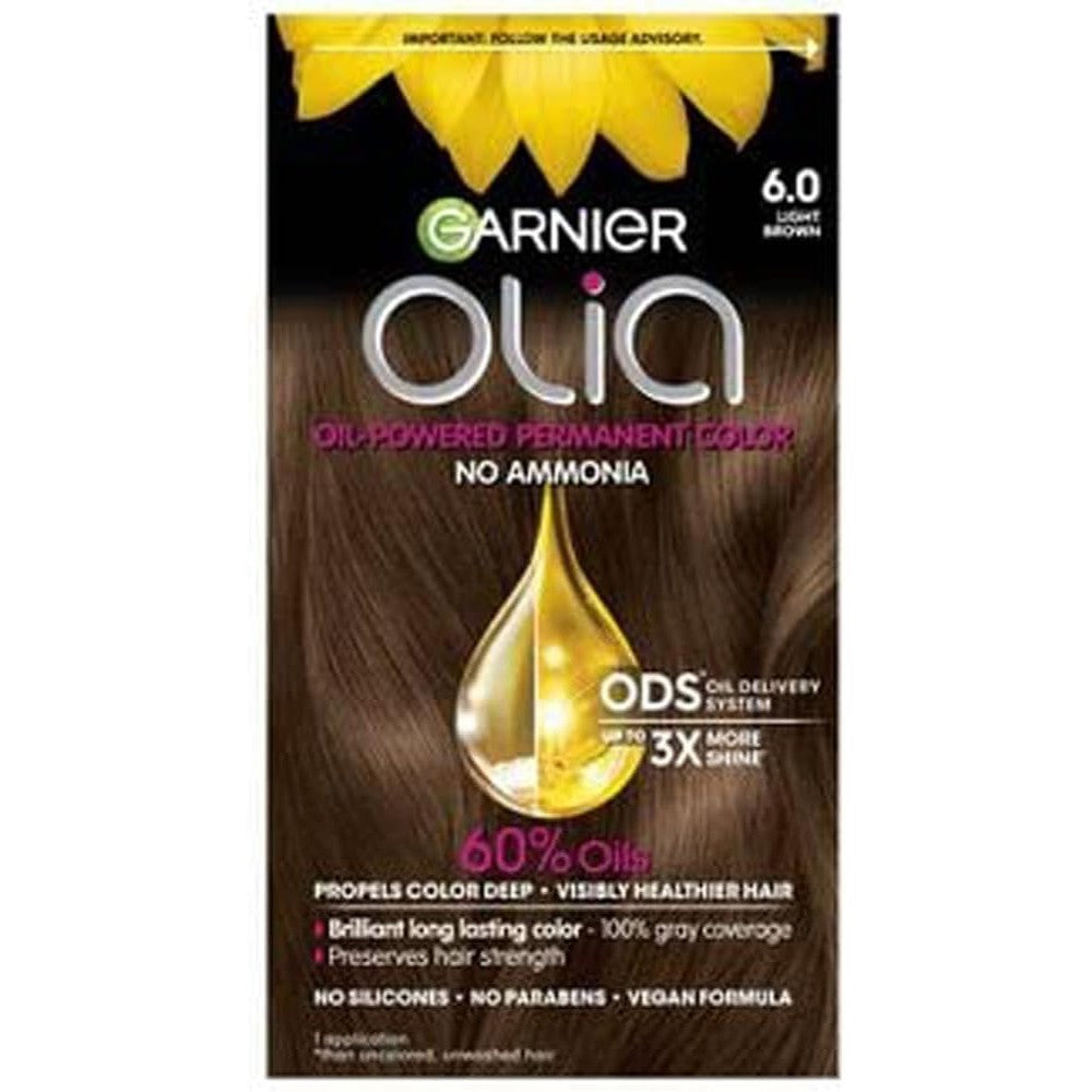 Garnier Olia Oil Powered Permanent Hair Color 6.0 Light Brown Ammonia Free Formula With Natural Flower Oils Pack Of 2