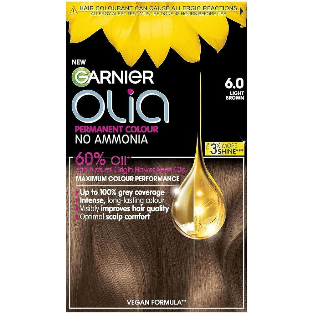 Garnier Olia Oil Powered Permanent Hair Color 6.0 Light Brown For Gray Coverage And Shinier Hair
