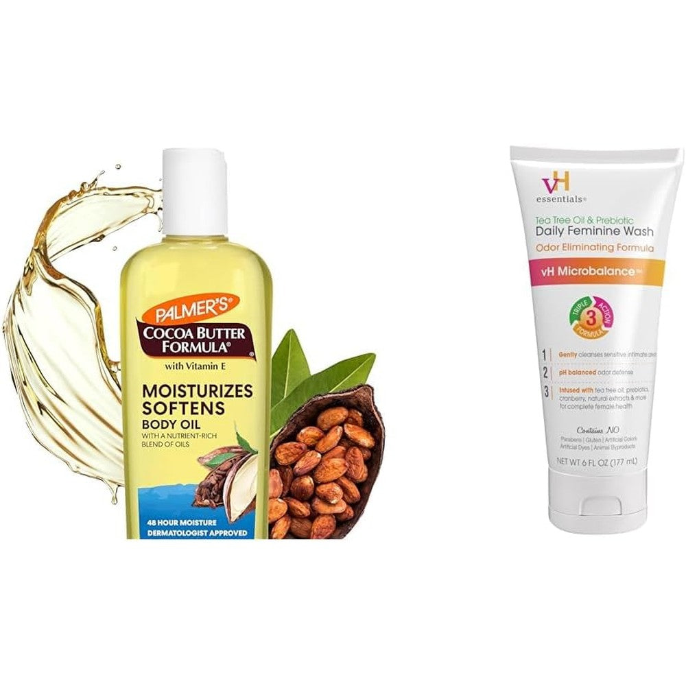 Palmer's Cocoa Butter Formula Moisturizing Body Oil with Vitamin E 8.5 Fluid Ounces and vH Essentials Tea Tree Oil Feminine Wash 6 Fluid Ounces