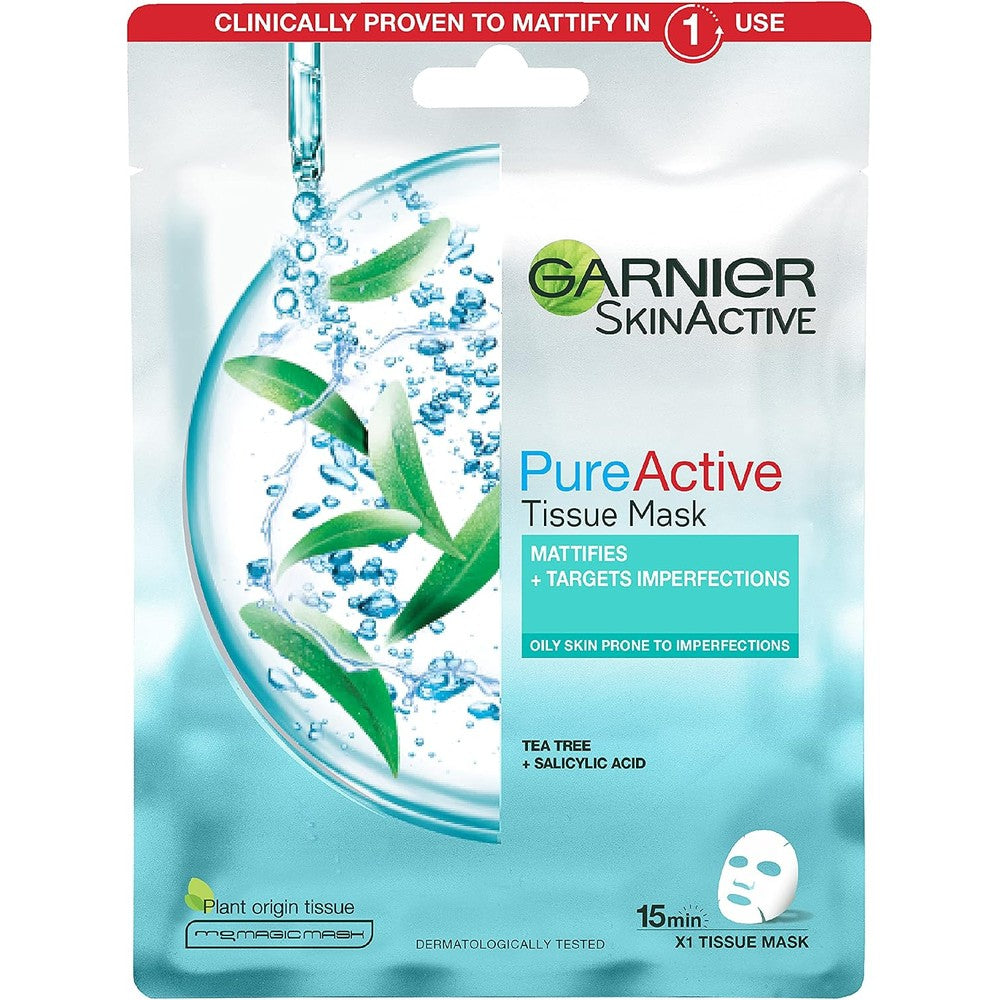 Garnier SkinActive Pure Active Tea Tree And Salicylic Acid Sheet Mask Mattifies Skin And Unclogs Pores In 15 Minutes Single Application