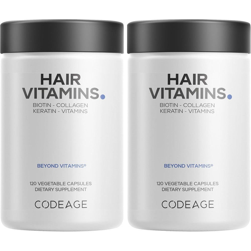 Codeage Hair Vitamins 10000 mcg Biotin Keratin Collagen Vitamin A B12 C D3 E Zinc Turmeric Probiotics Enzymes Inositol 2 Pack