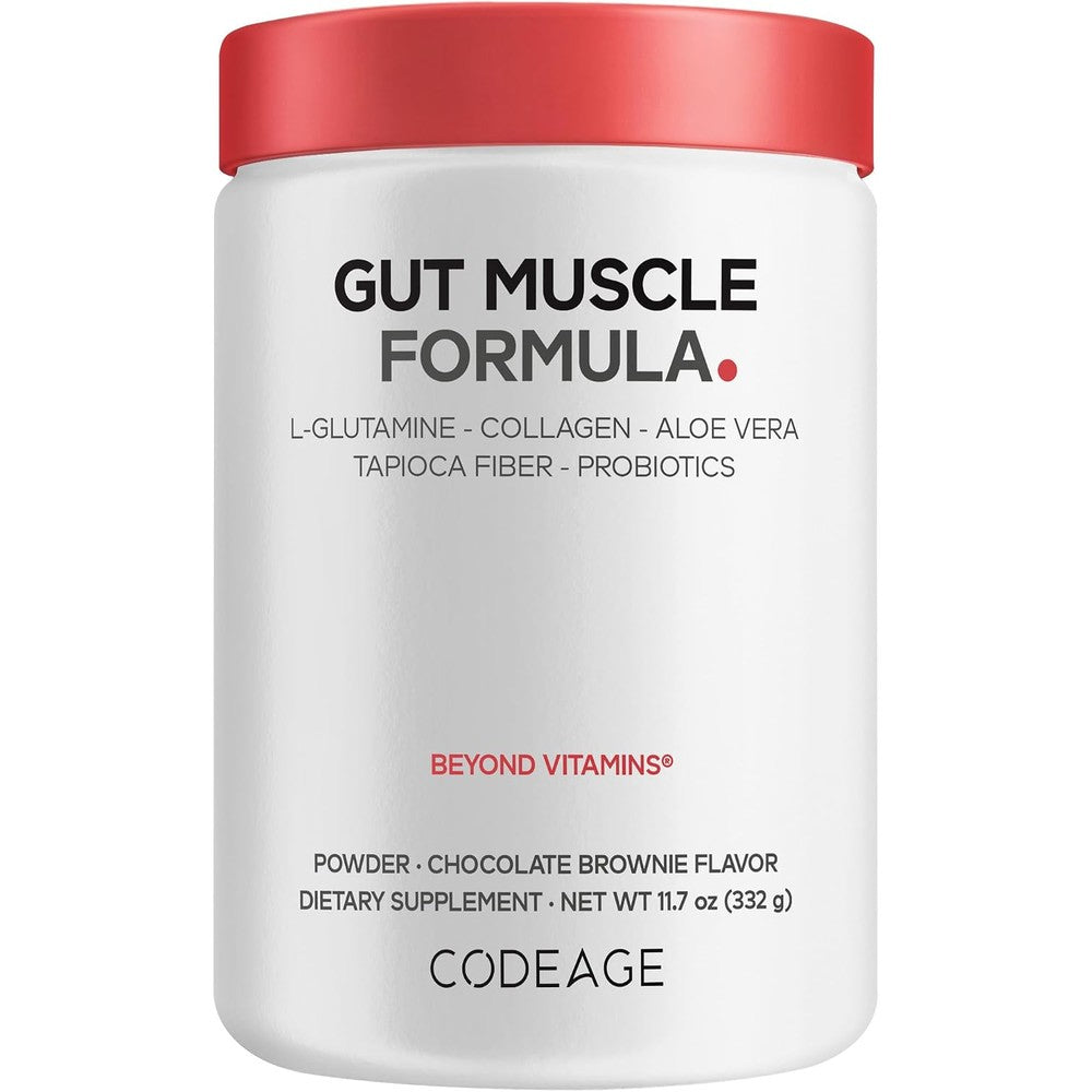 Codeage Gut Muscle Formula L-Glutamine Hydrolyzed Bovine Collagen Probiotics Chocolate Brownie Flavor 11.7 Ounces