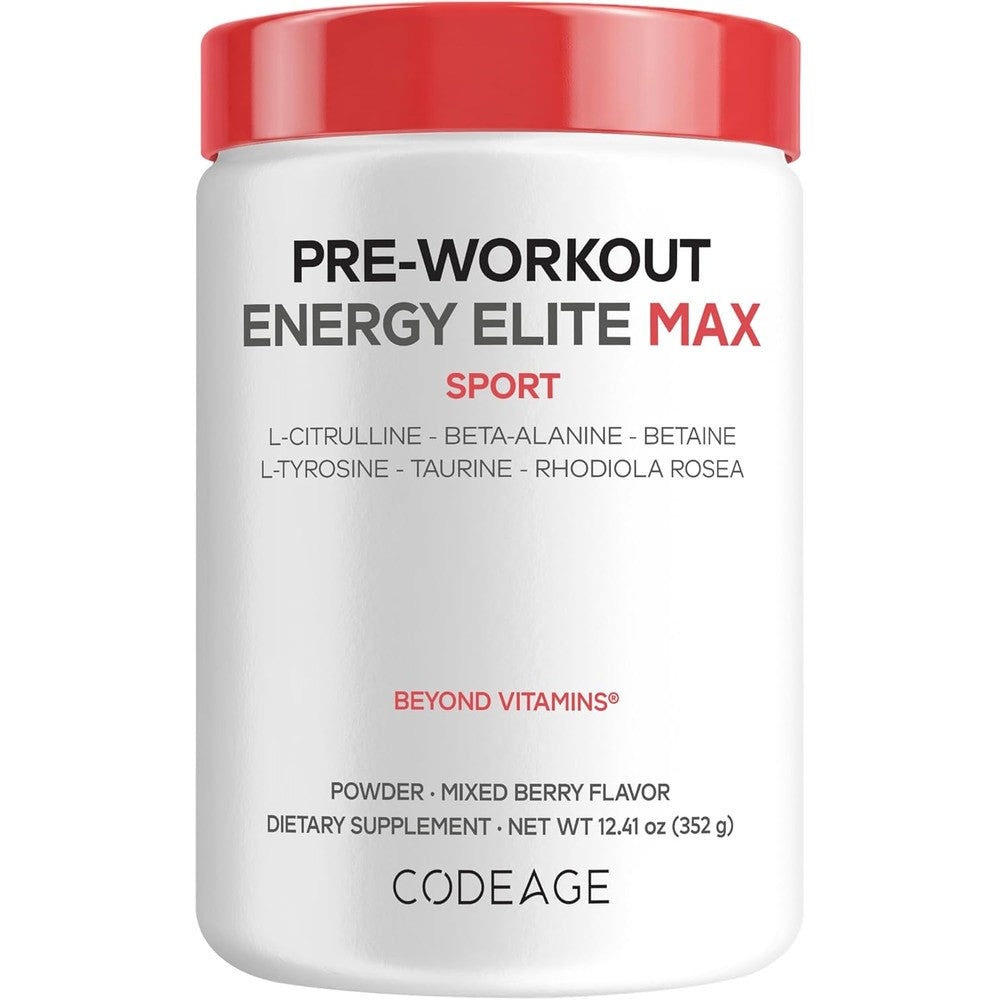Codeage Pre-Workout Energy Elite Max Mixed Berry Powder Supplement 12.41 Ounces